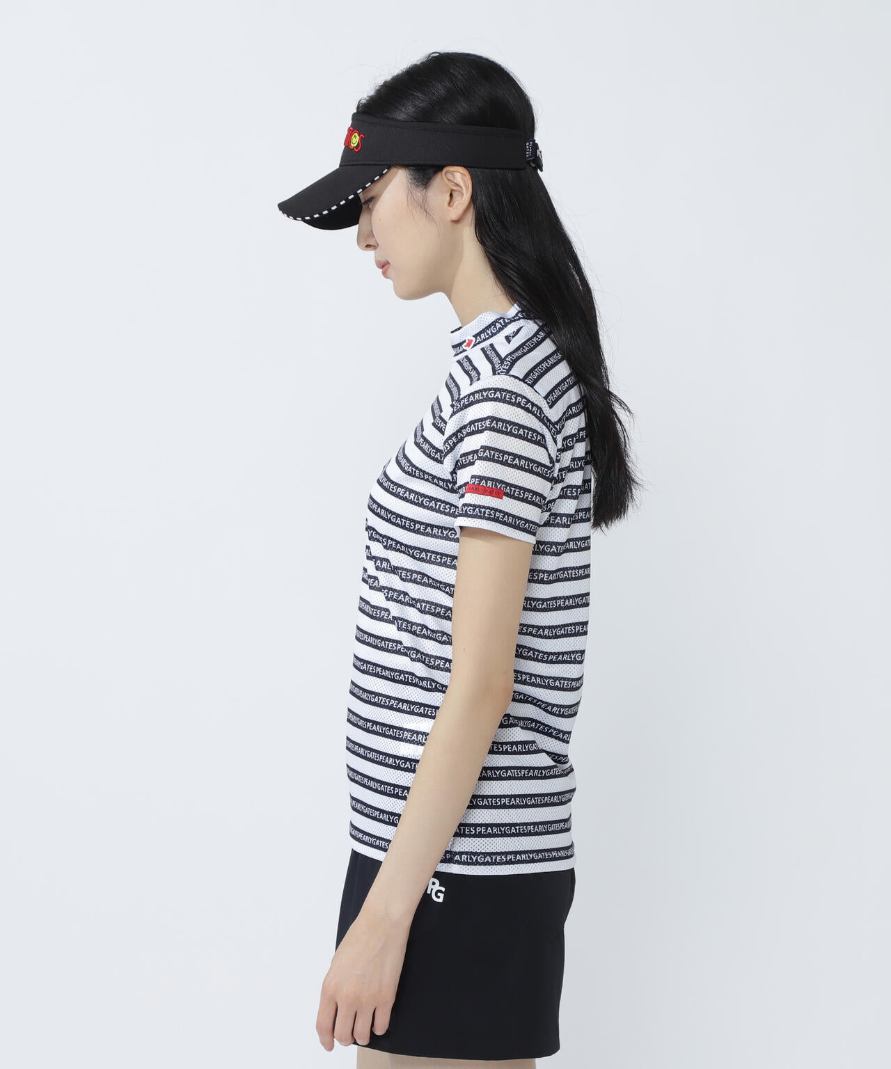 KAZEメッシュ半袖モックネックカットソー ＜ロゴボーダー柄＞