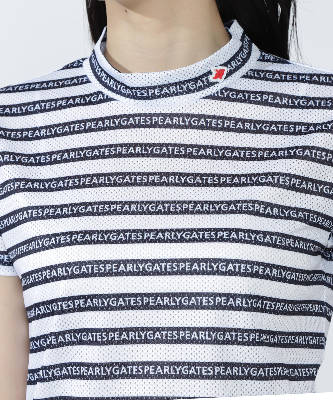 KAZEメッシュ半袖モックネックカットソー ＜ロゴボーダー柄＞