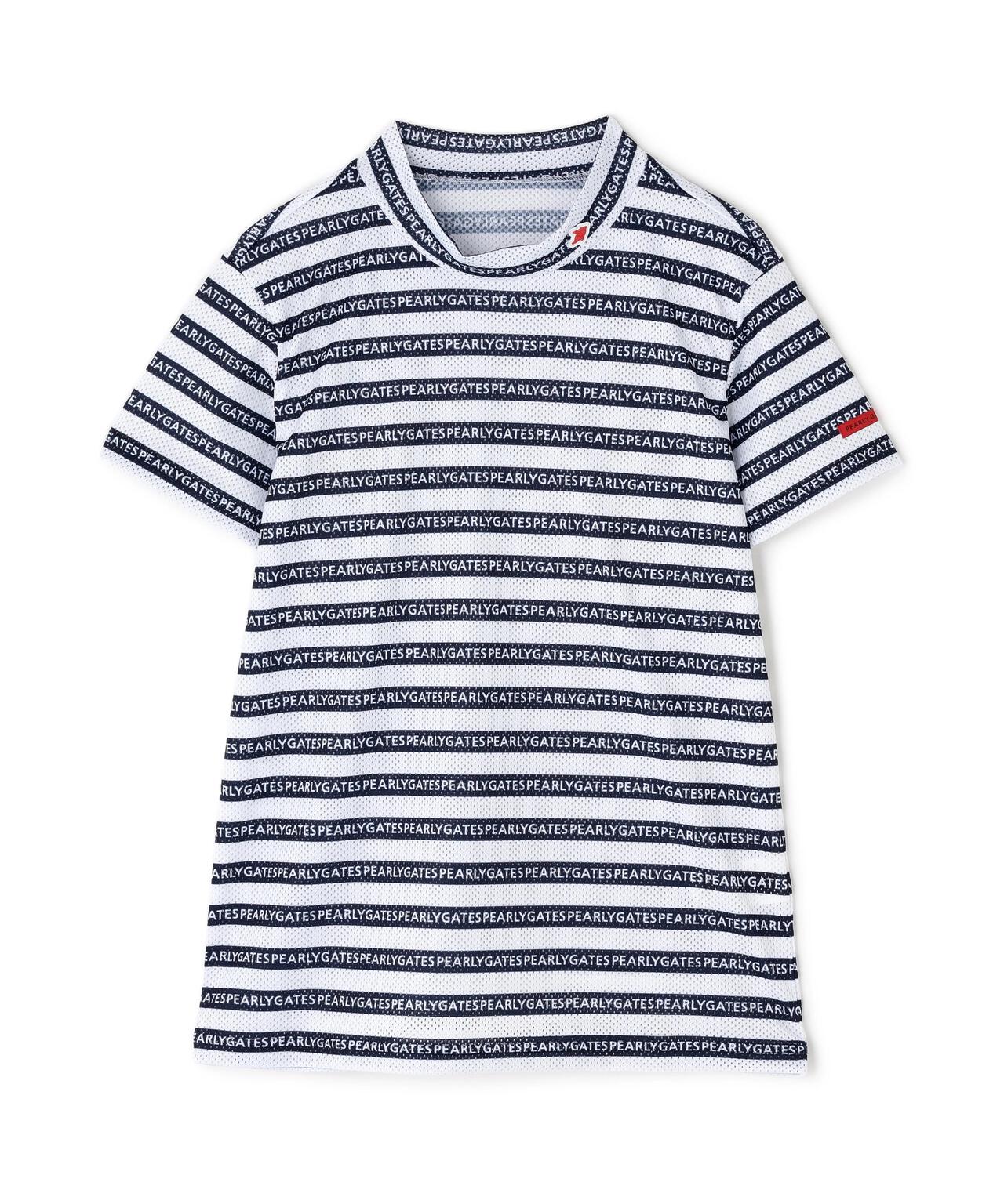 KAZEメッシュ半袖モックネックカットソー ＜ロゴボーダー柄＞