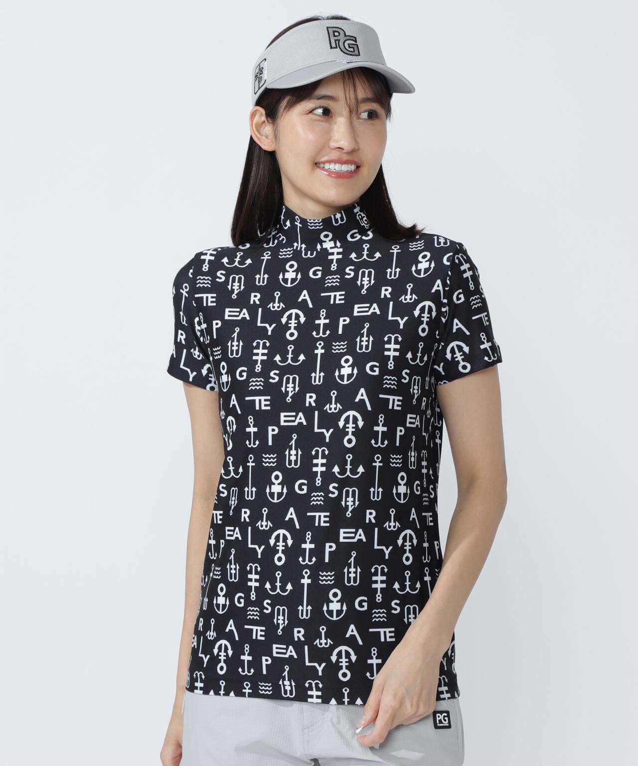 アンカーロゴ柄プリント半袖モックネックカットソー