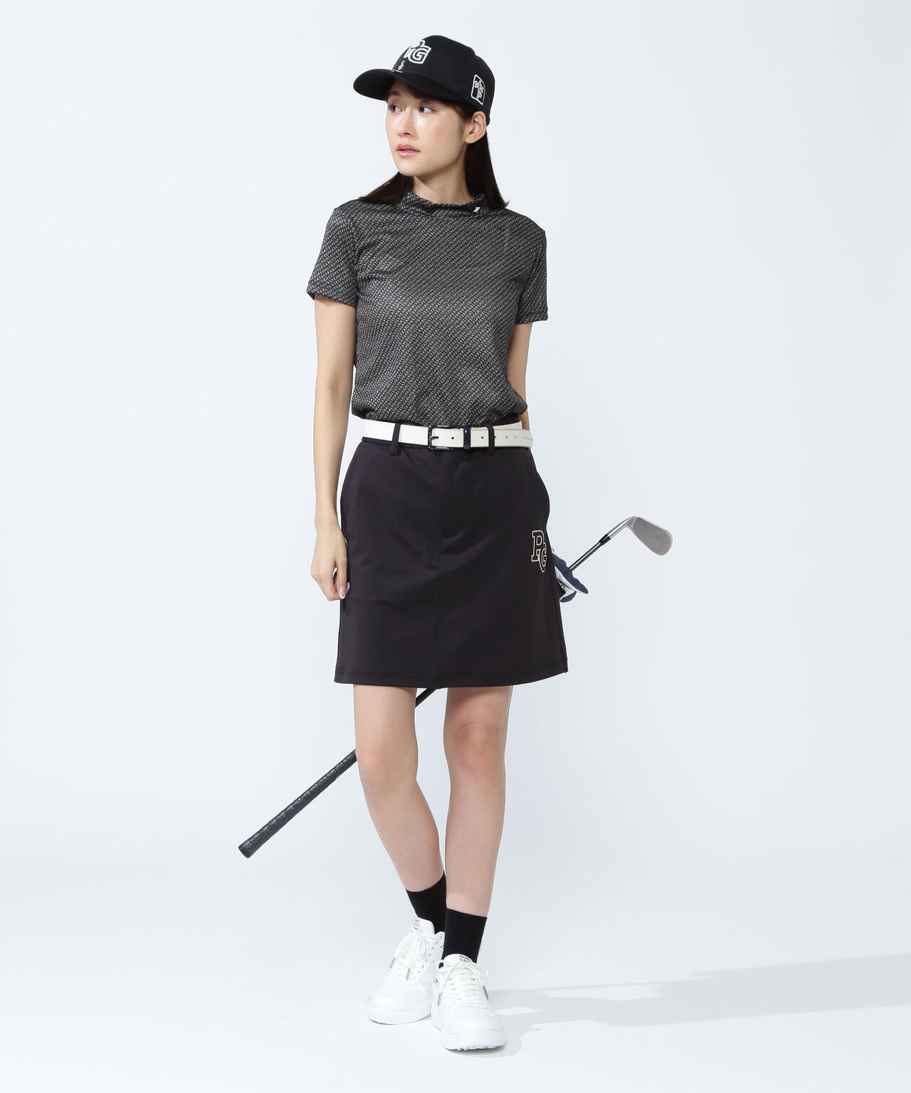 KAZEメッシュ半袖ハイネックカットソー ＜ロゴバイヤスボーダー柄＞