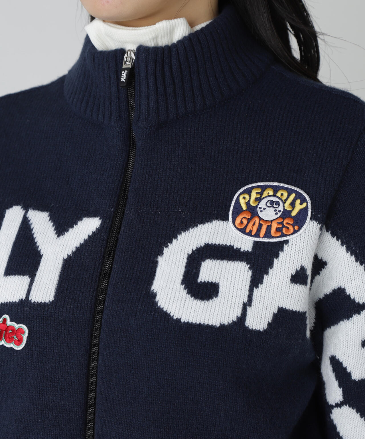 7G部分ジャガード×ストレッチ裏地フルジップニットブルゾン | PEARLY