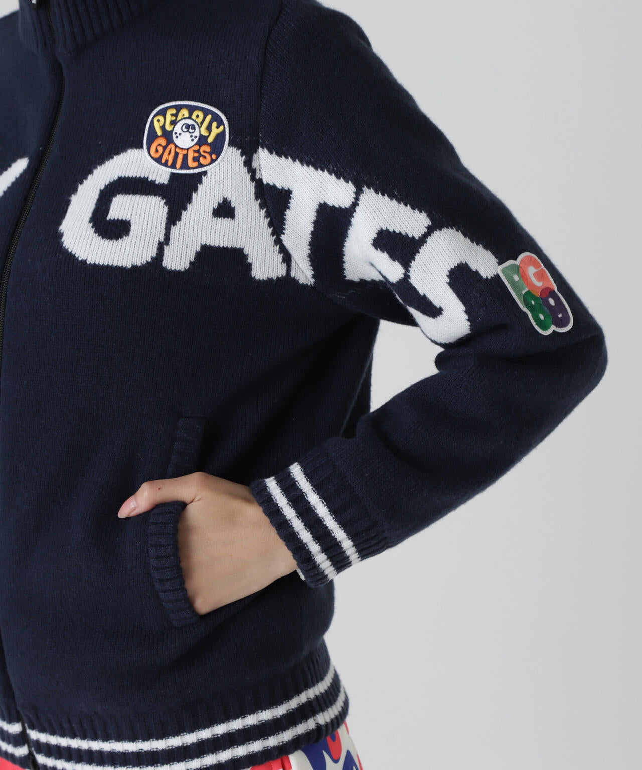 7G部分ジャガード×ストレッチ裏地フルジップニットブルゾン | PEARLY