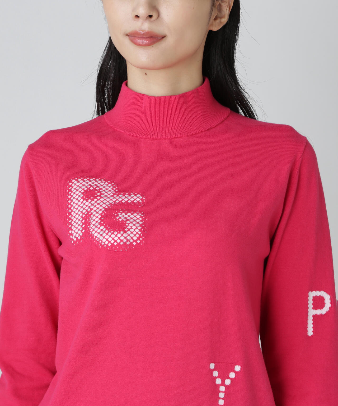 12G部分ジャガードカシミヤタッチコットンハイネックニットプルオーバー