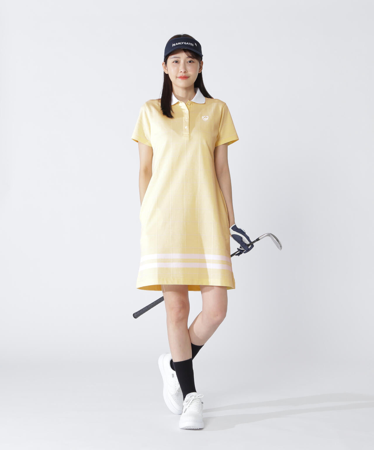 【フォロー割】 美品 バーバリーゴルフ ワンピース サイズ1 切替し T/Cカノコウィンドペン柄パネルチェックジャガード半袖ポロワンピース