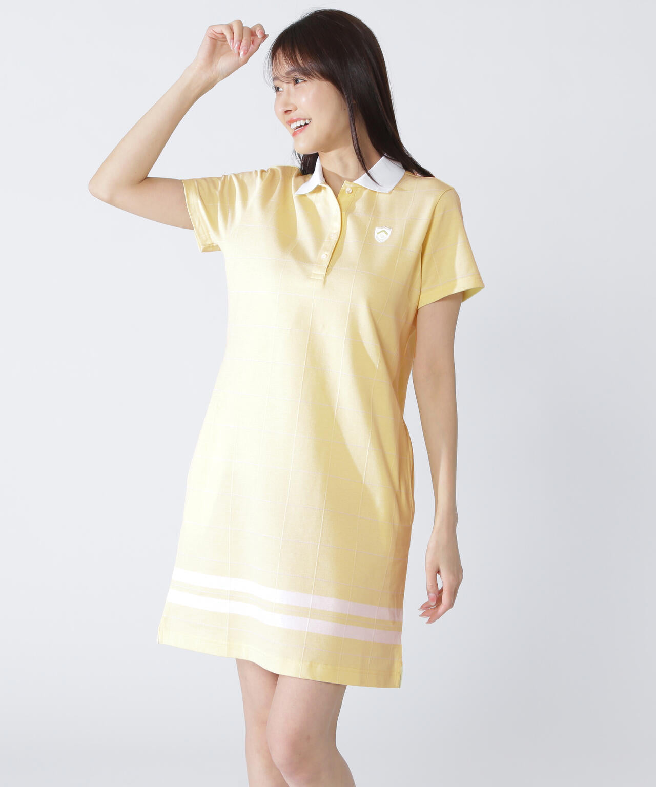 【定価30800円】 PEARLYGATES 花柄ポロワンピース 白　ゴルフ 0 T/Cカノコウィンドペン柄パネルチェックジャガード半袖ポロワンピース