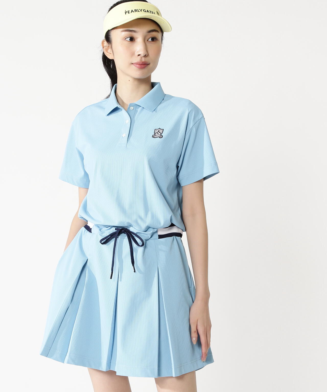PEARLY GATES 超美品　ポロシャツワンピース　水色 ワッフルメッシュジャージ吸水速乾UV半袖ポロワンピース | PEARLY