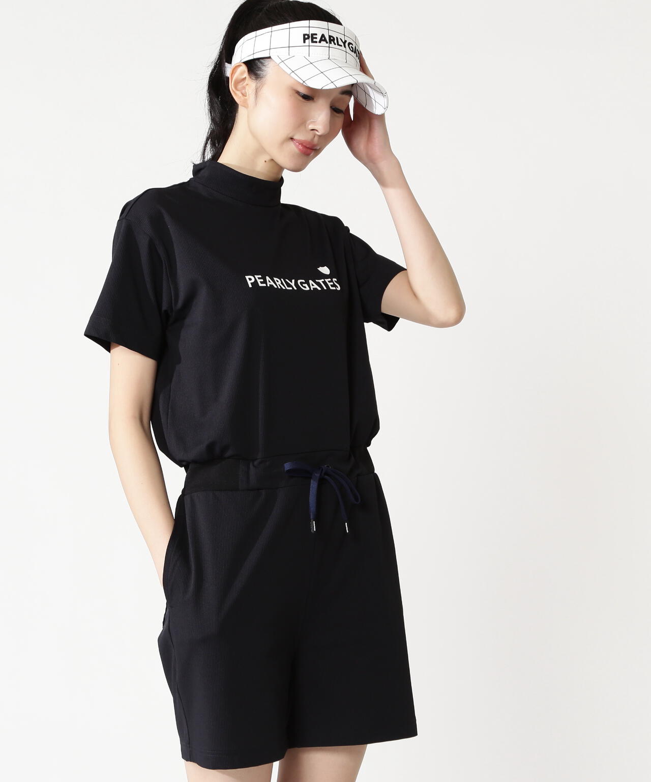 ワッフルメッシュジャージ半袖ハイネックオールインワン | PEARLY