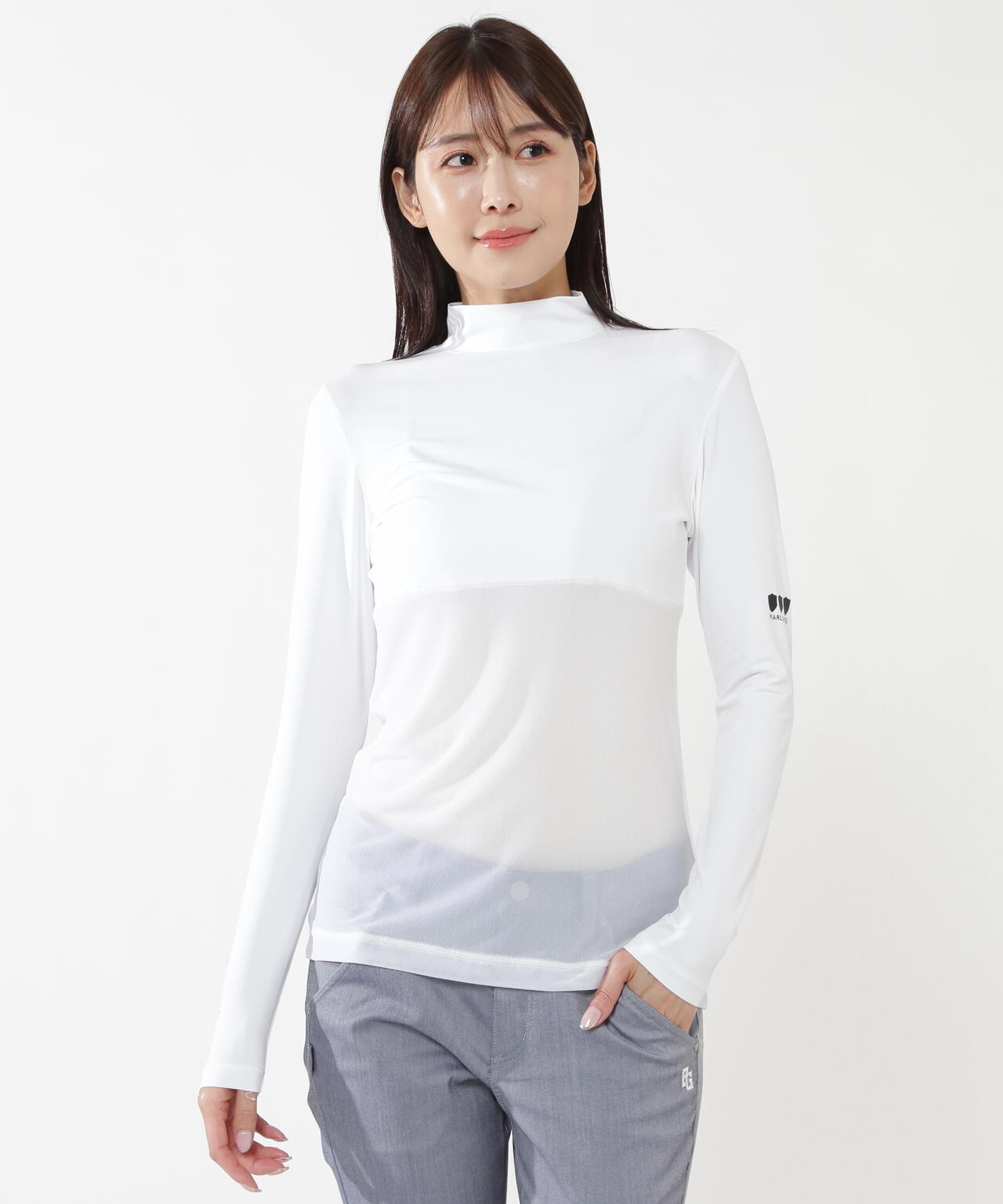 新品正規品【PG/5】パーリーゲイツ ハイネック長袖ニットカットソーモックネック PG BODY】N/パワーネット×Peベア天竺長袖ハイネックカットソー
