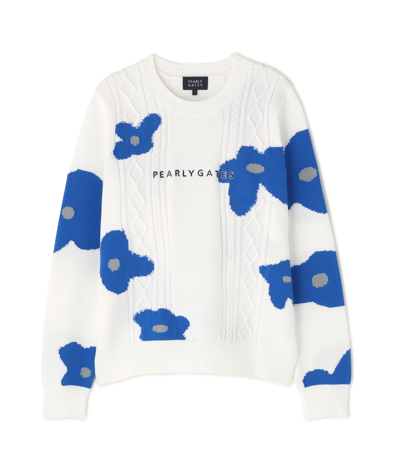 アラン柄×インターシャ クルーネックニットプルオーバー ＜ランダム編みフラワー柄＞