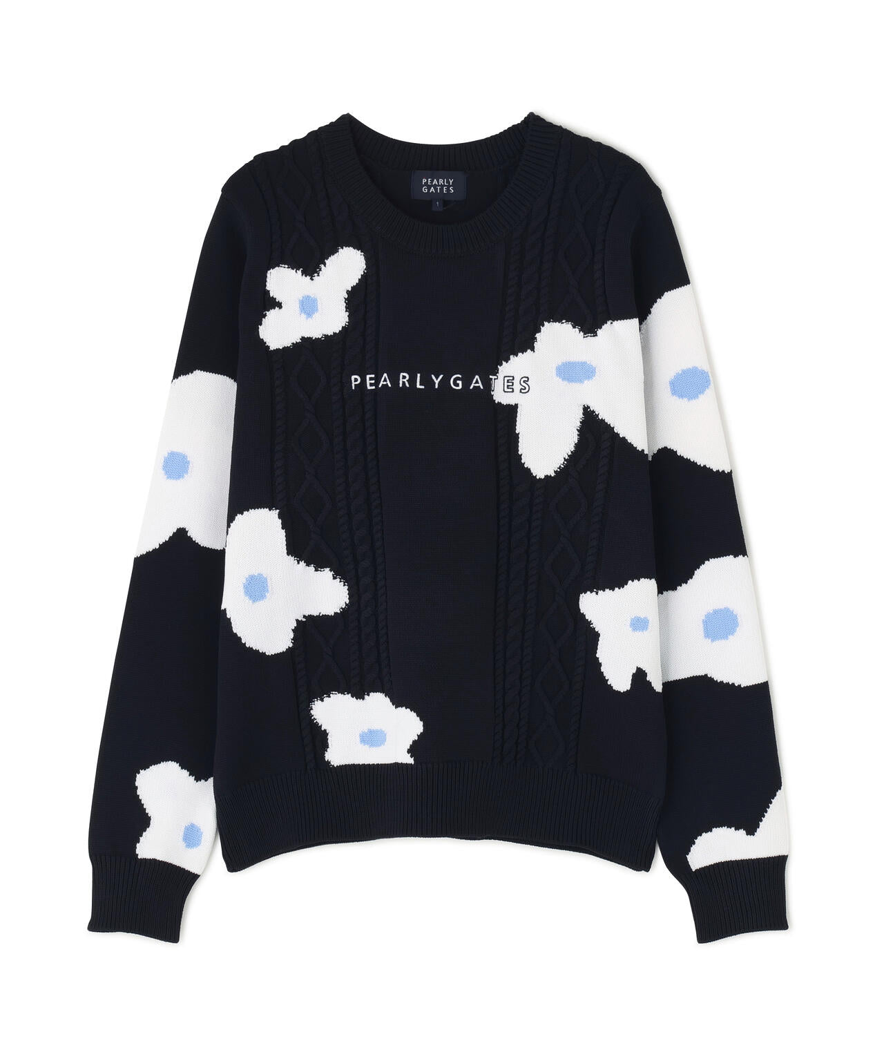 アラン柄×インターシャ クルーネックニットプルオーバー ＜ランダム編みフラワー柄＞