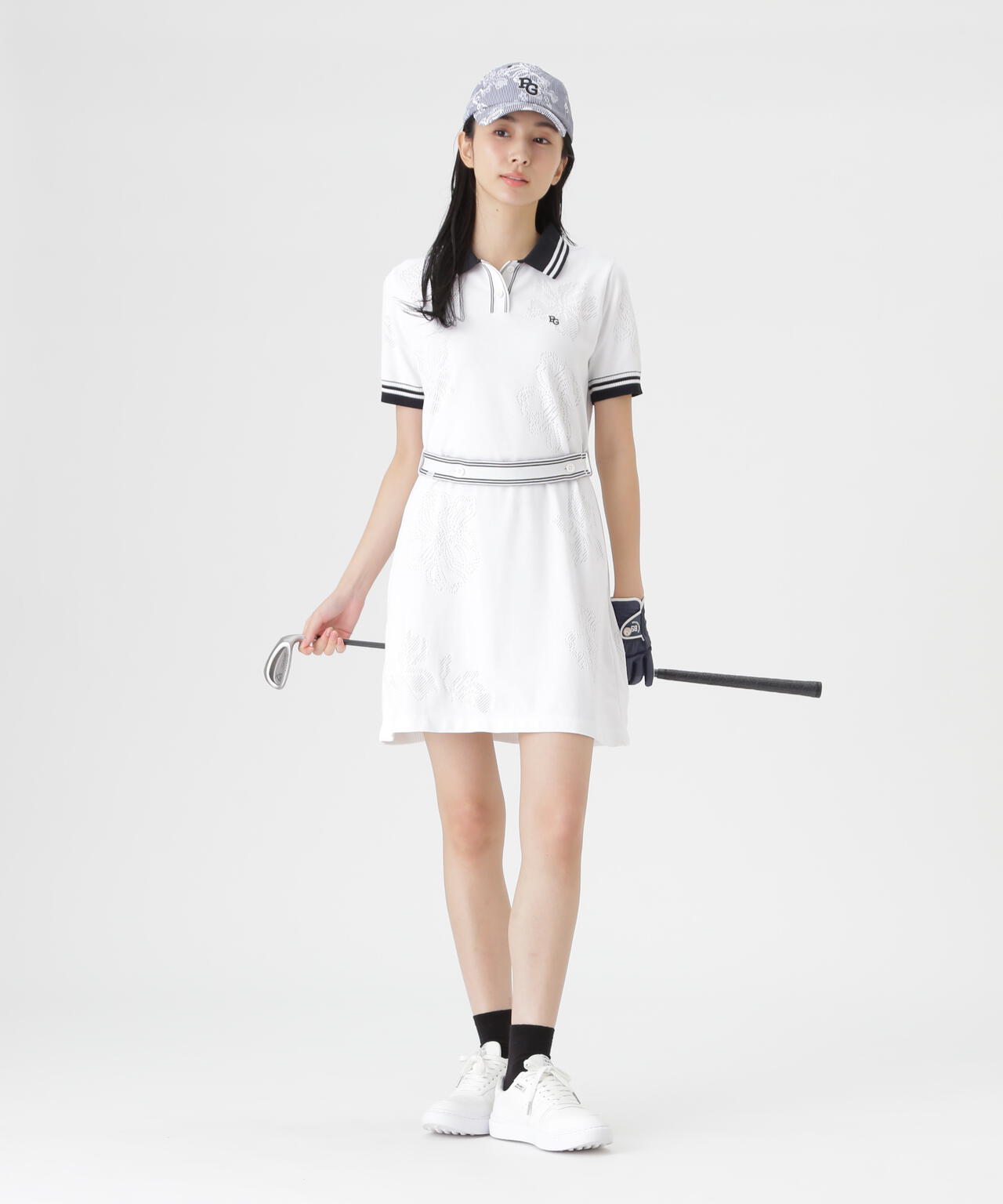 14G天竺×メッシュ花柄半袖ポロニットワンピース (WOMENS) | PEARLY