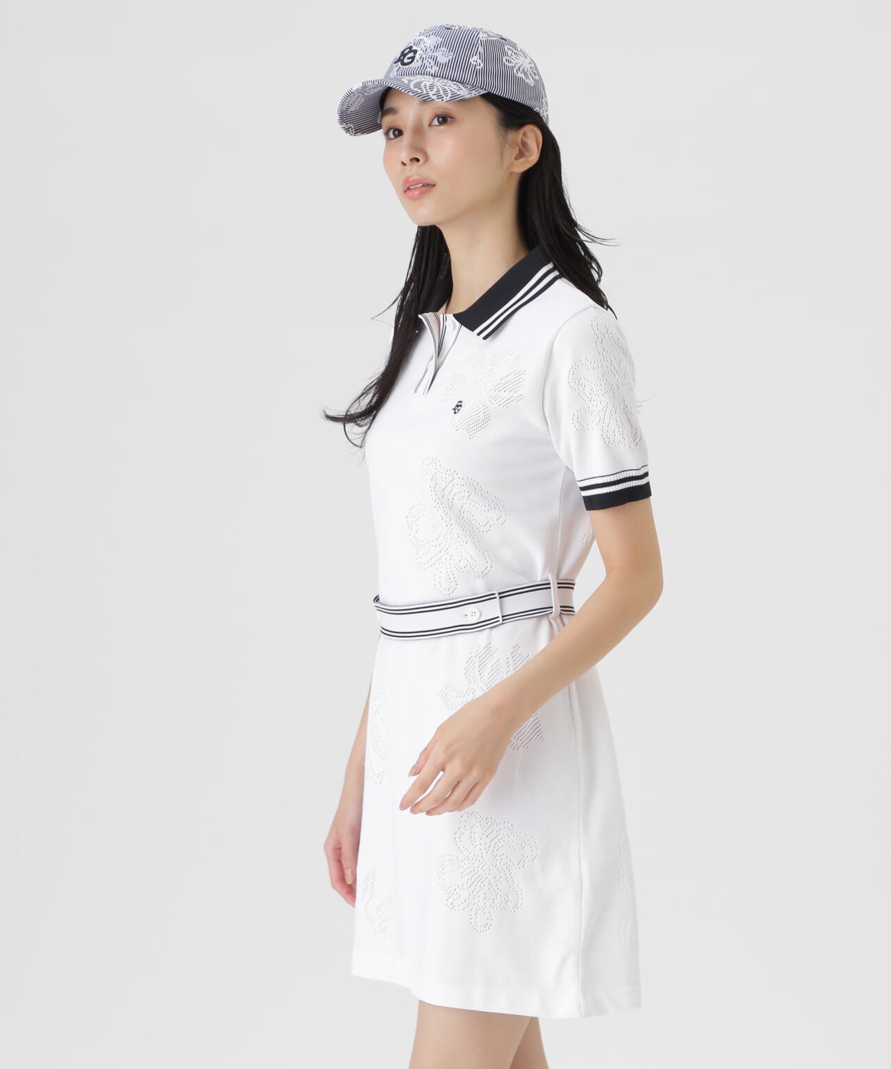 14G天竺×メッシュ花柄半袖ポロニットワンピース (WOMENS) | PEARLY
