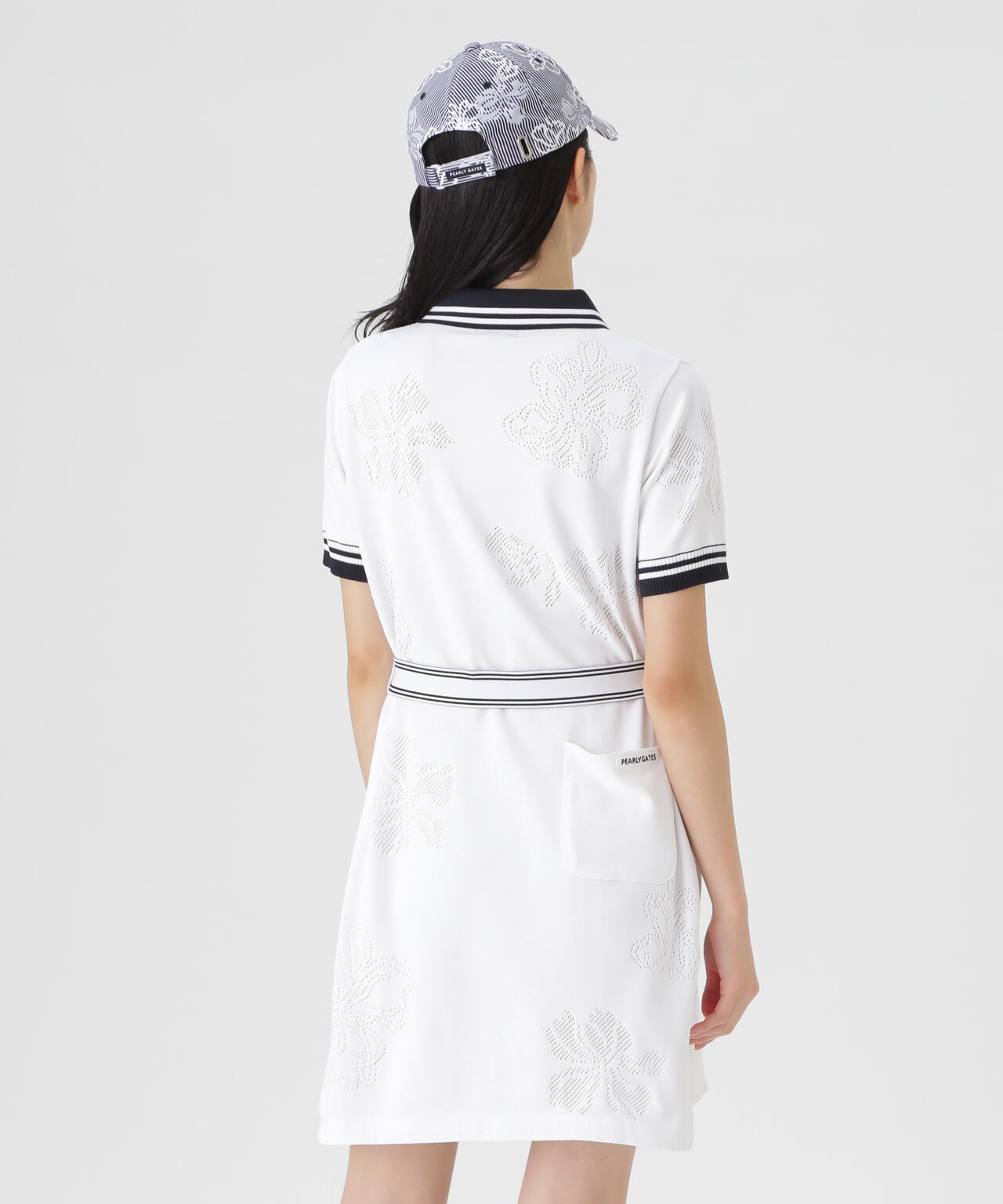 14G天竺×メッシュ花柄半袖ポロニットワンピース (WOMENS) | PEARLY