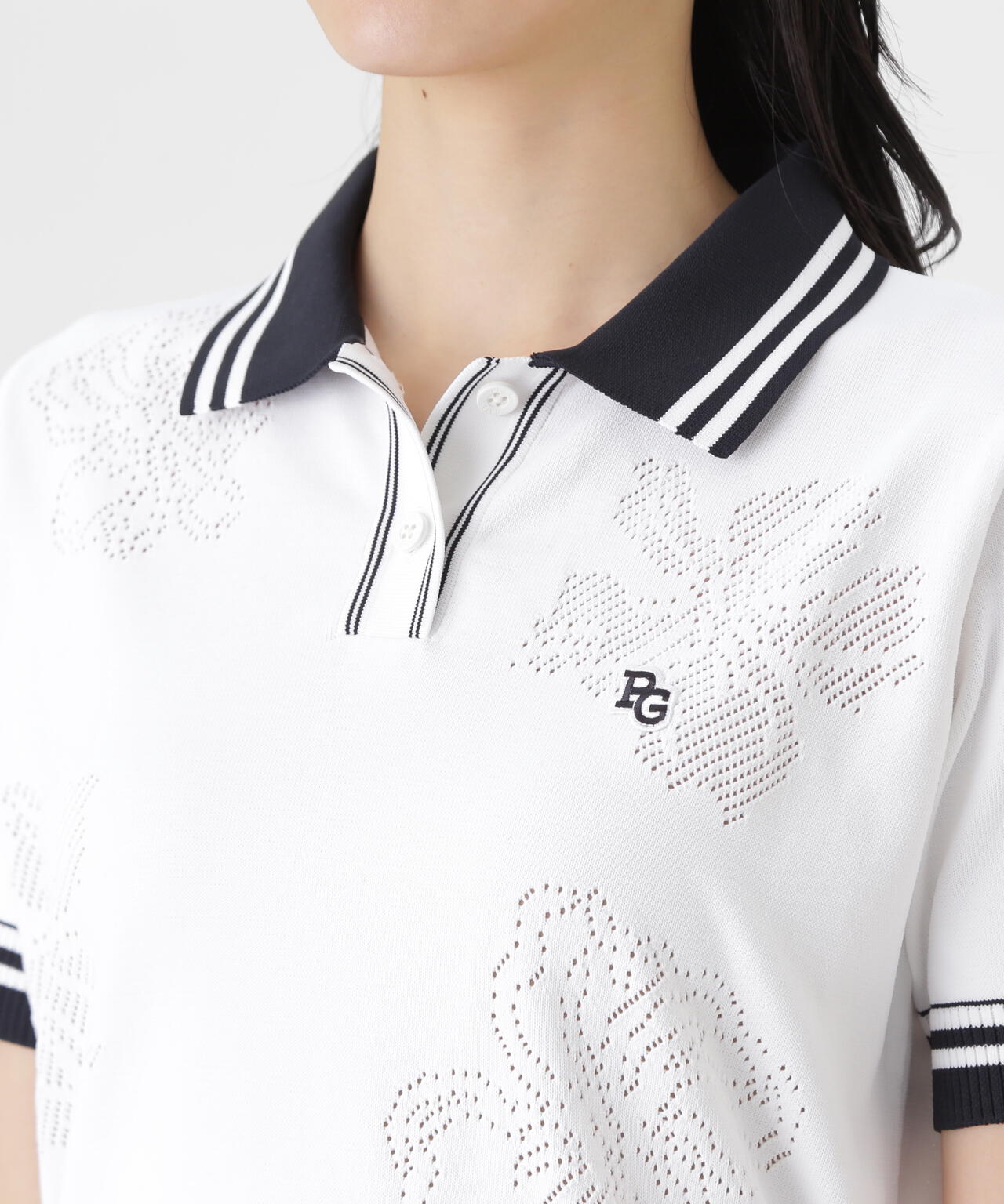 14G天竺×メッシュ花柄半袖ポロニットワンピース (WOMENS) | PEARLY