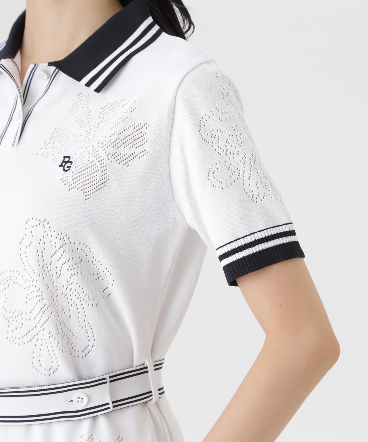 PEARLY GATES 花柄 ポロワンピース 0サイズ 14G天竺×メッシュ花柄半袖ポロニットワンピース (WOMENS) | PEARLY