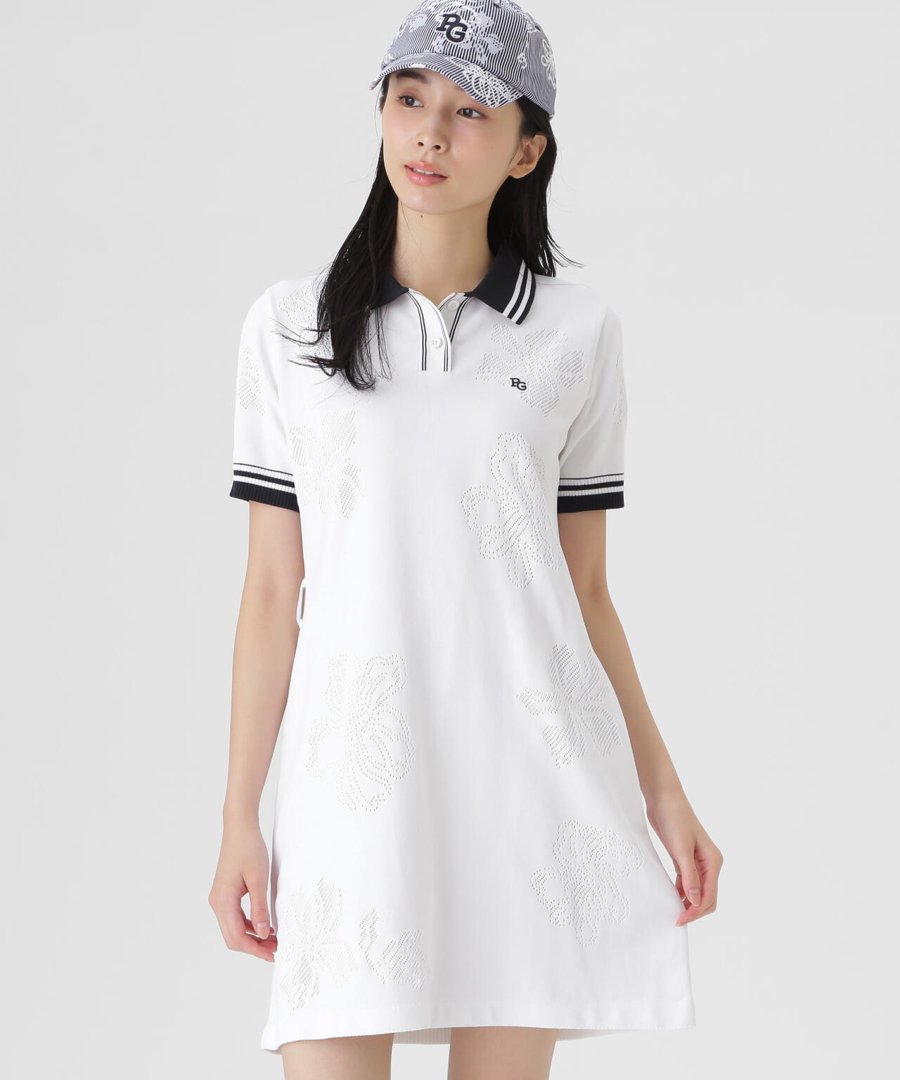 PEARLY GATES 花柄 ポロワンピース 0サイズ 14G天竺×メッシュ花柄半袖ポロニットワンピース (WOMENS) | PEARLY