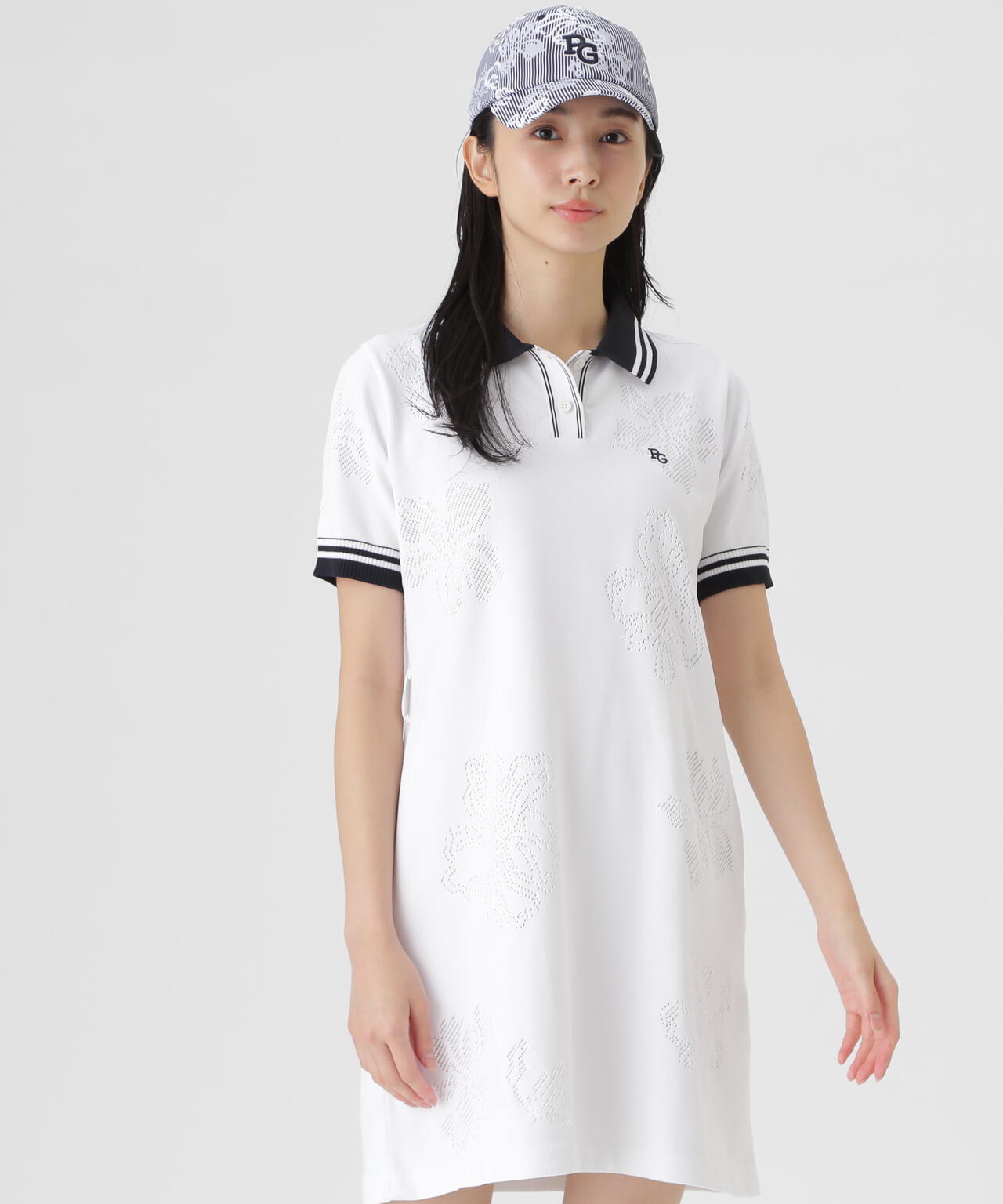 PEARLY GATES 花柄 ポロワンピース 0サイズ 14G天竺×メッシュ花柄半袖ポロニットワンピース (WOMENS) | PEARLY