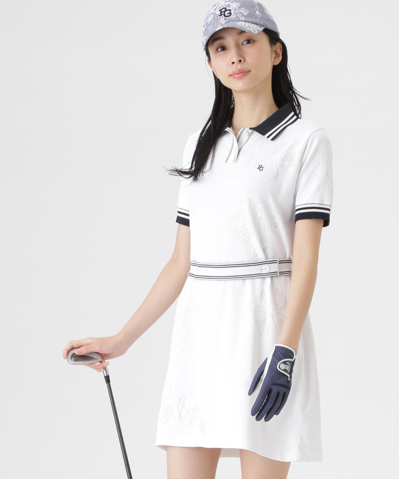 14G天竺×メッシュ花柄半袖ポロニットワンピース (WOMENS) | PEARLY