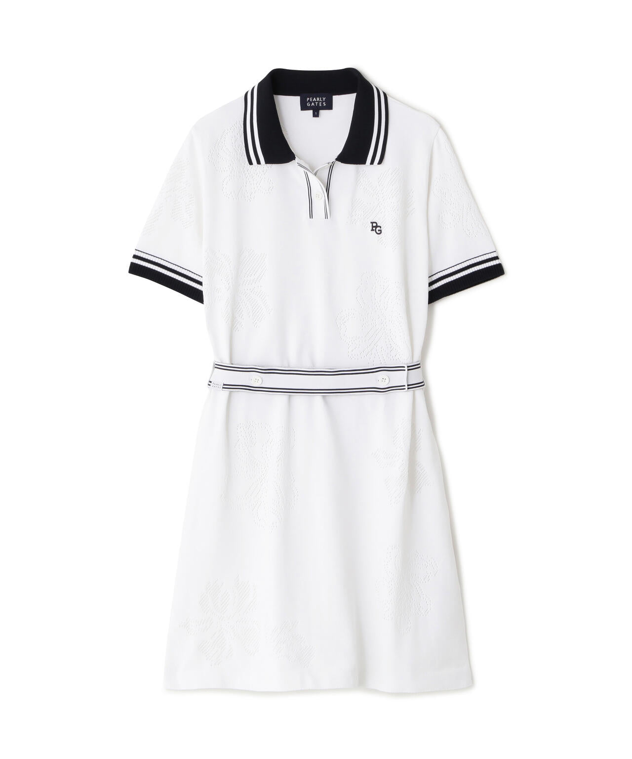14G天竺×メッシュ花柄半袖ポロニットワンピース (WOMENS) | PEARLY