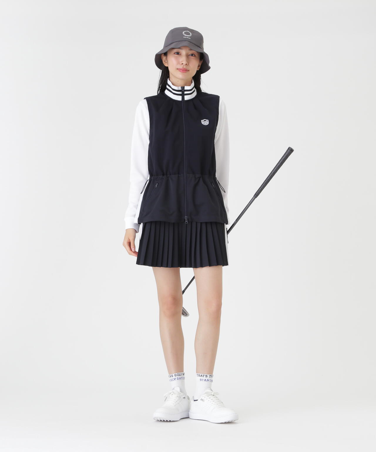 美品☆PEARLY GATES☆PPGラインメッシュフードベスト1(M)ネイビー TEXBRID丸編みメッシュフルジップスタンドベスト (WOMENS) | PEARLY