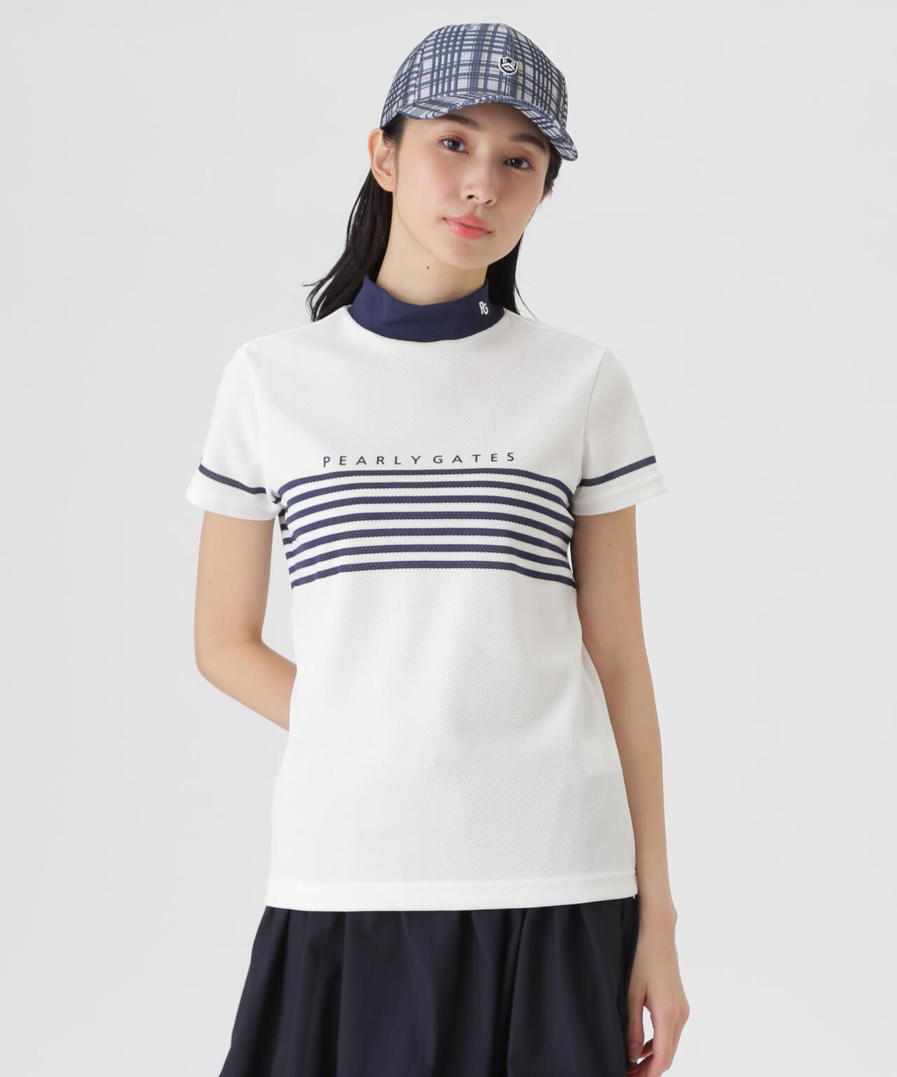 Peメッシュパネルボーダー半袖ハイネックカットソー (WOMENS) | PEARLY