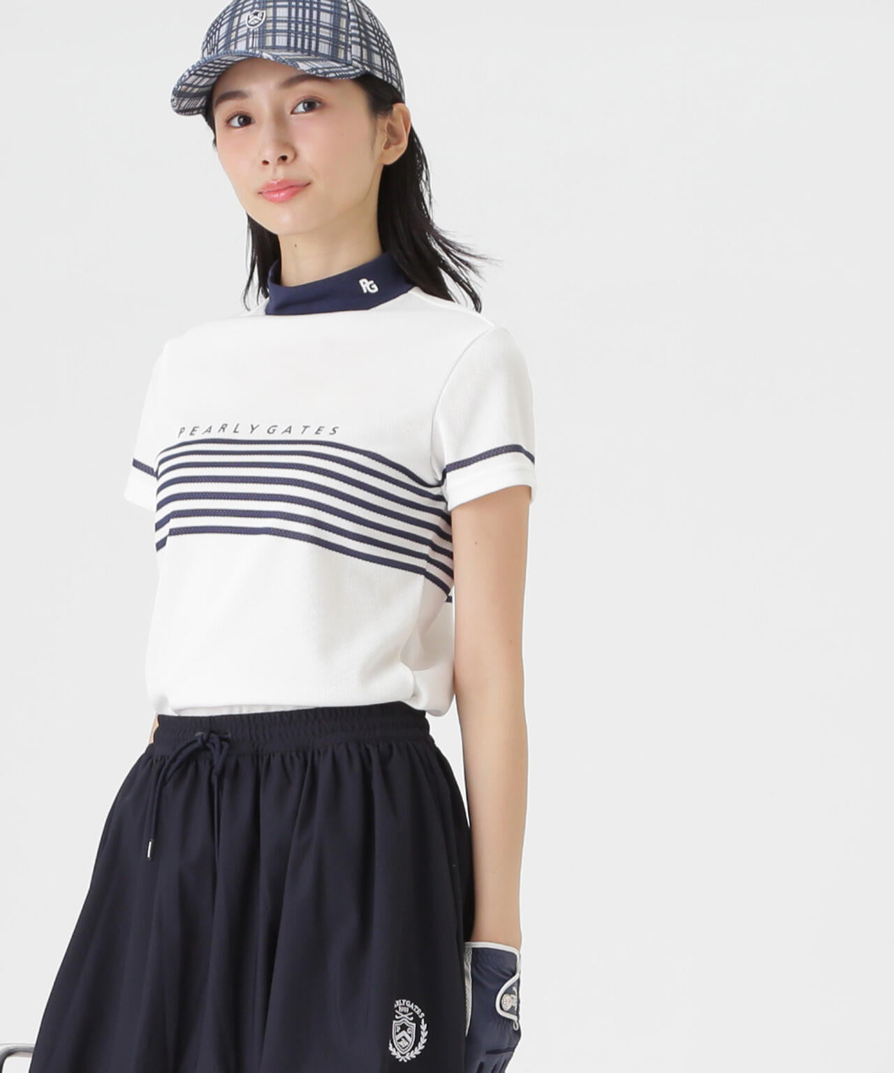 Peメッシュパネルボーダー半袖ハイネックカットソー (WOMENS) | PEARLY