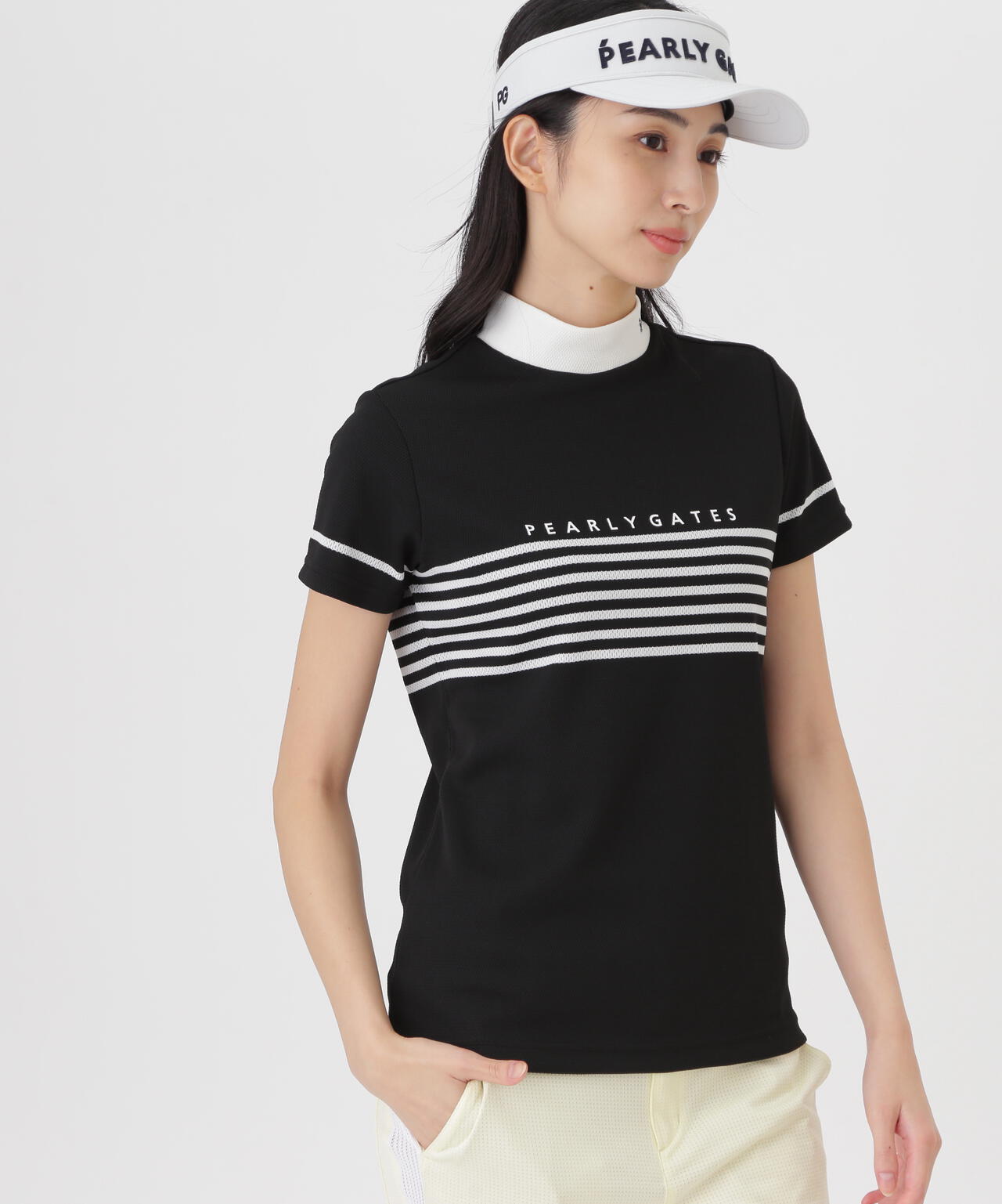 Peメッシュパネルボーダー半袖ハイネックカットソー (WOMENS) | PEARLY