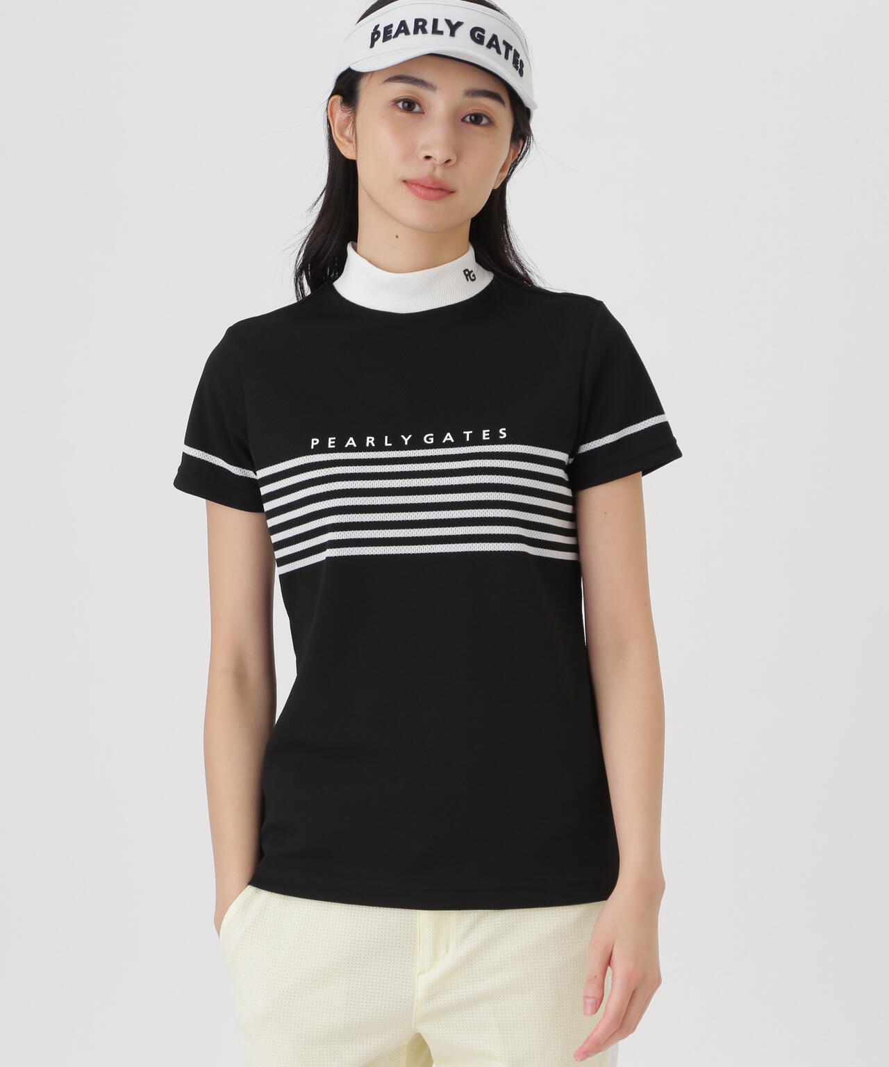 Peメッシュパネルボーダー半袖ハイネックカットソー (WOMENS) | PEARLY