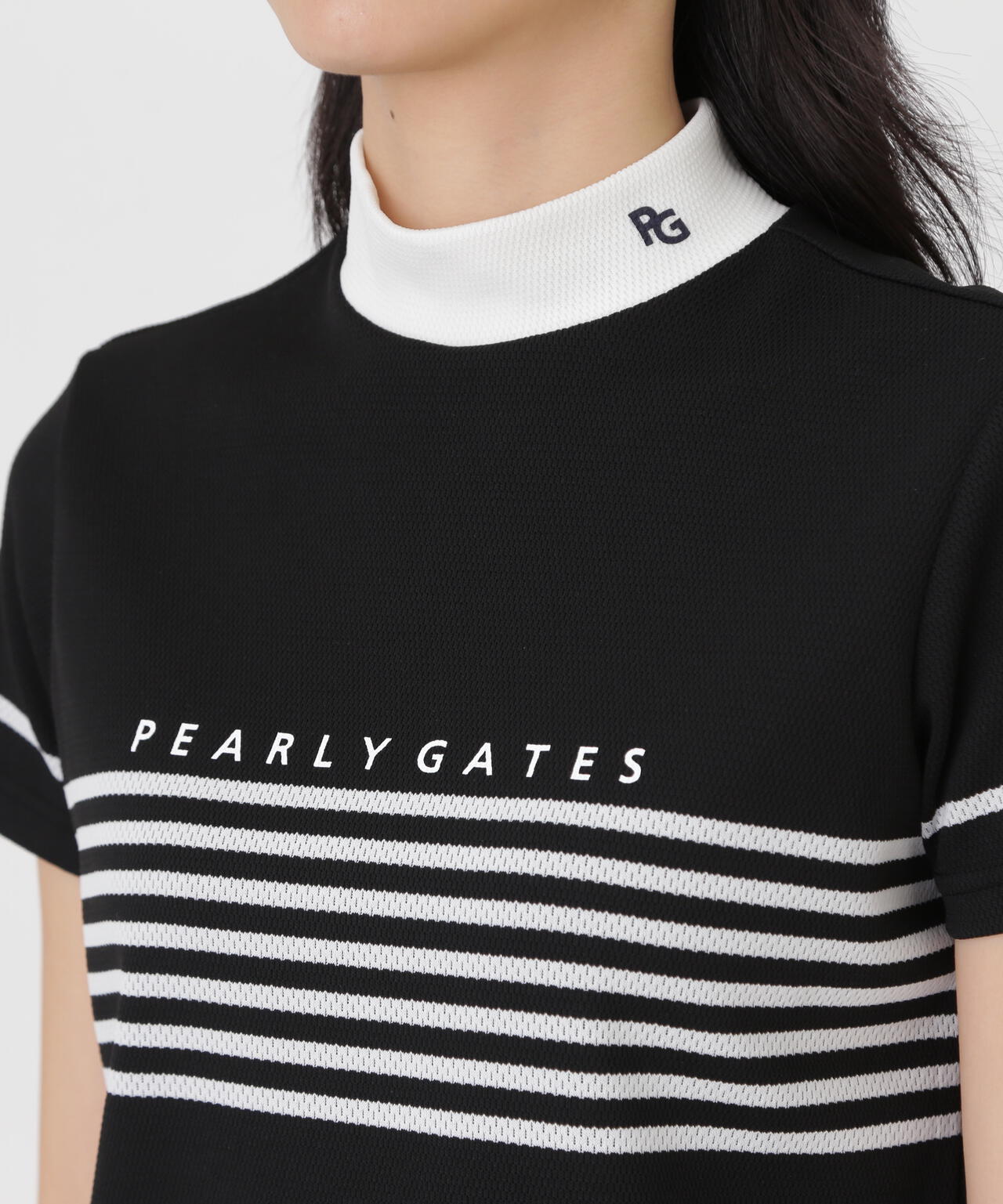 Peメッシュパネルボーダー半袖ハイネックカットソー (WOMENS) | PEARLY