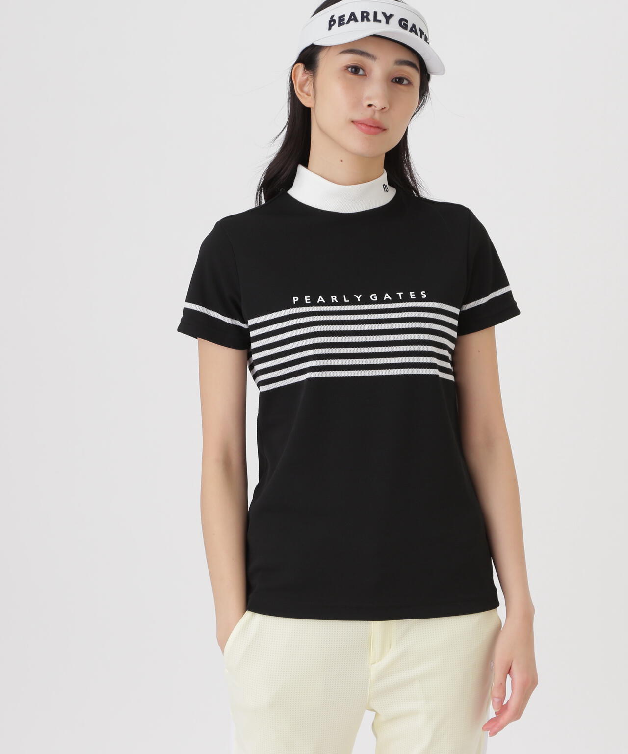Peメッシュパネルボーダー半袖ハイネックカットソー (WOMENS) | PEARLY