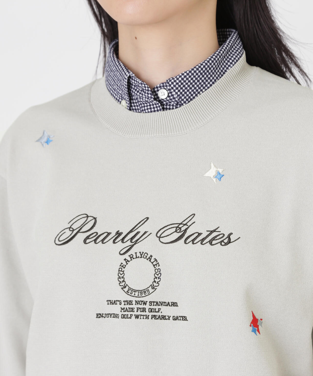 12G天竺×インターシャクルーネックニットプルオーバー (WOMENS