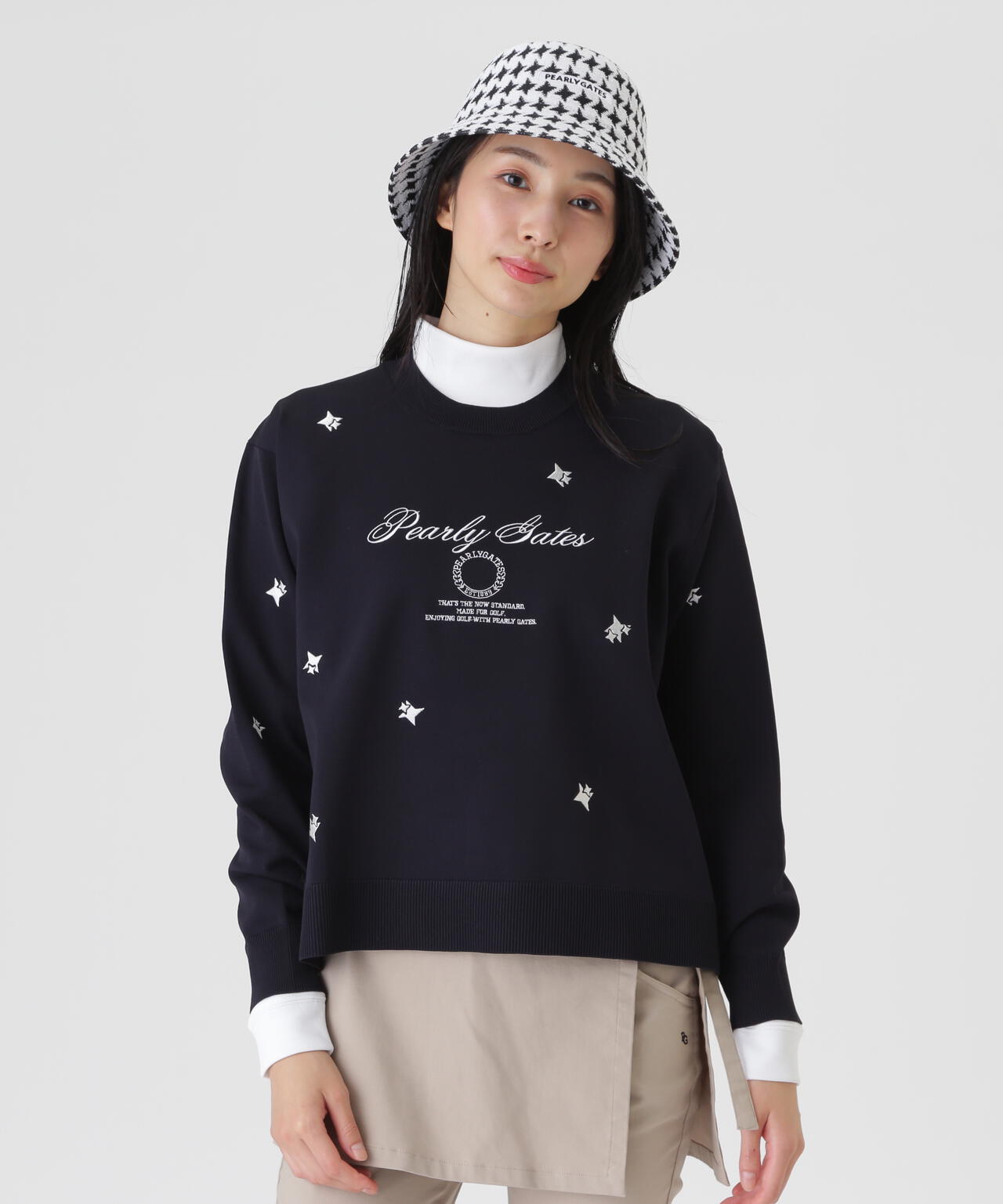 12G天竺×インターシャクルーネックニットプルオーバー (WOMENS
