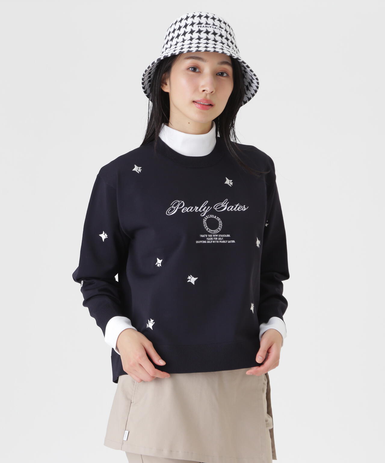 12G天竺×インターシャクルーネックニットプルオーバー (WOMENS