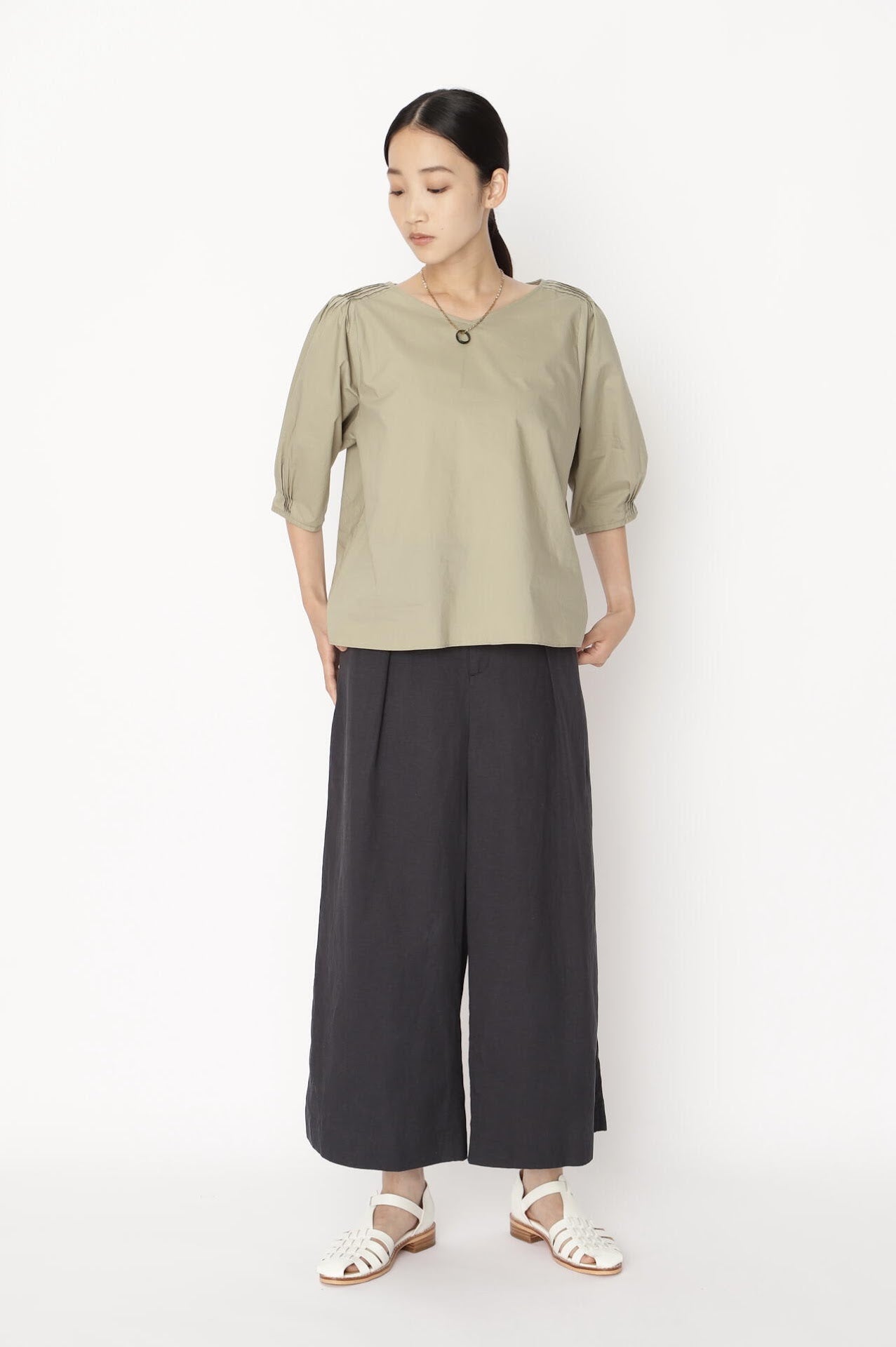 リネンコットンセミワイドパンツ