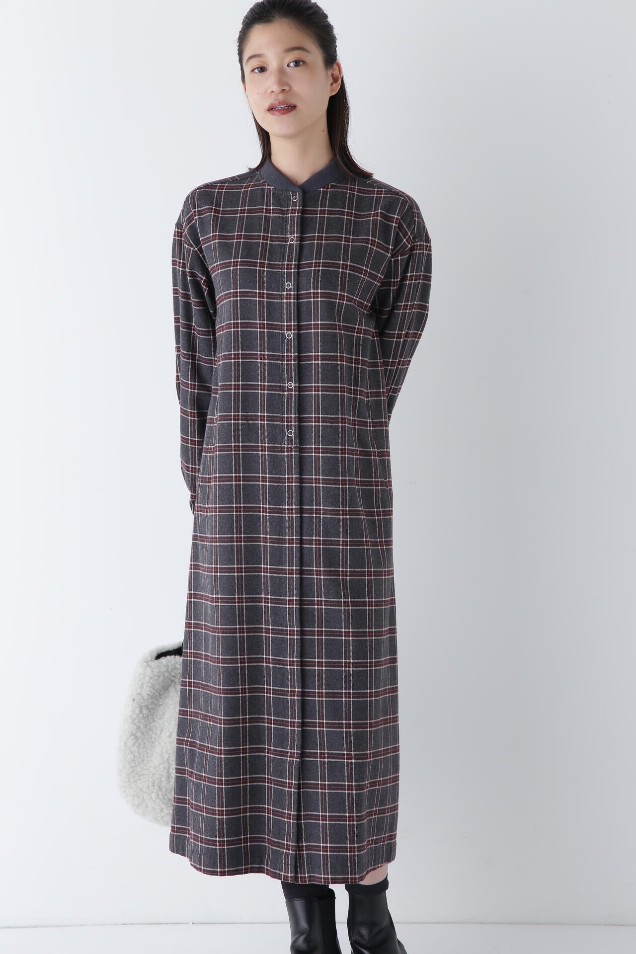 コットン起毛チェックリブカラーシャツワンピース | human woman