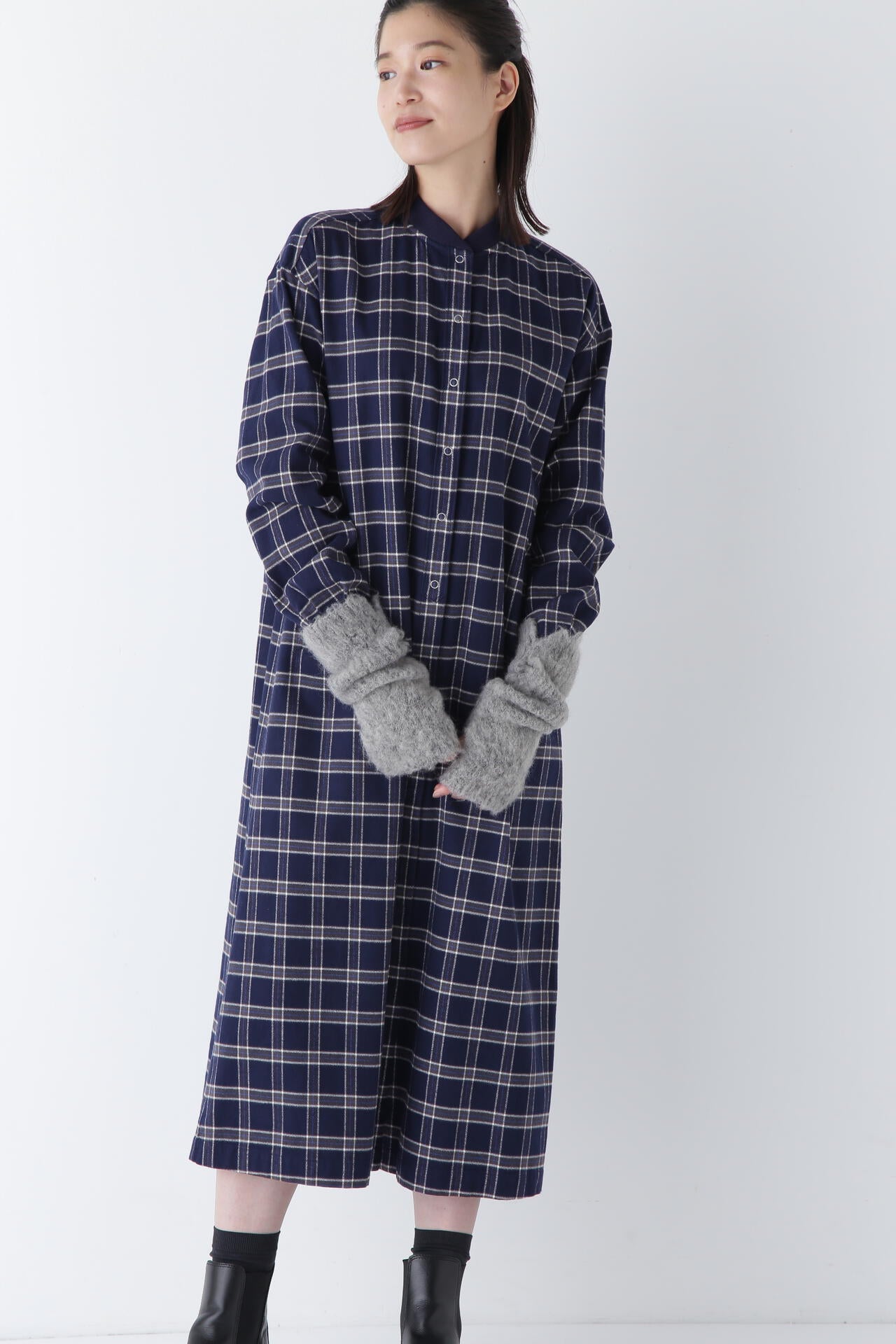 コットン起毛チェックリブカラーシャツワンピース | human woman