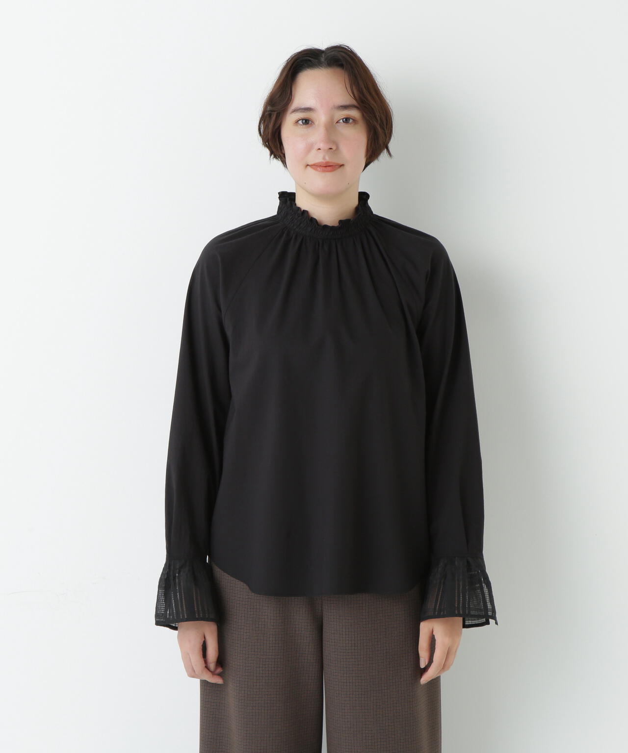 袖チェックジャガードブラウス