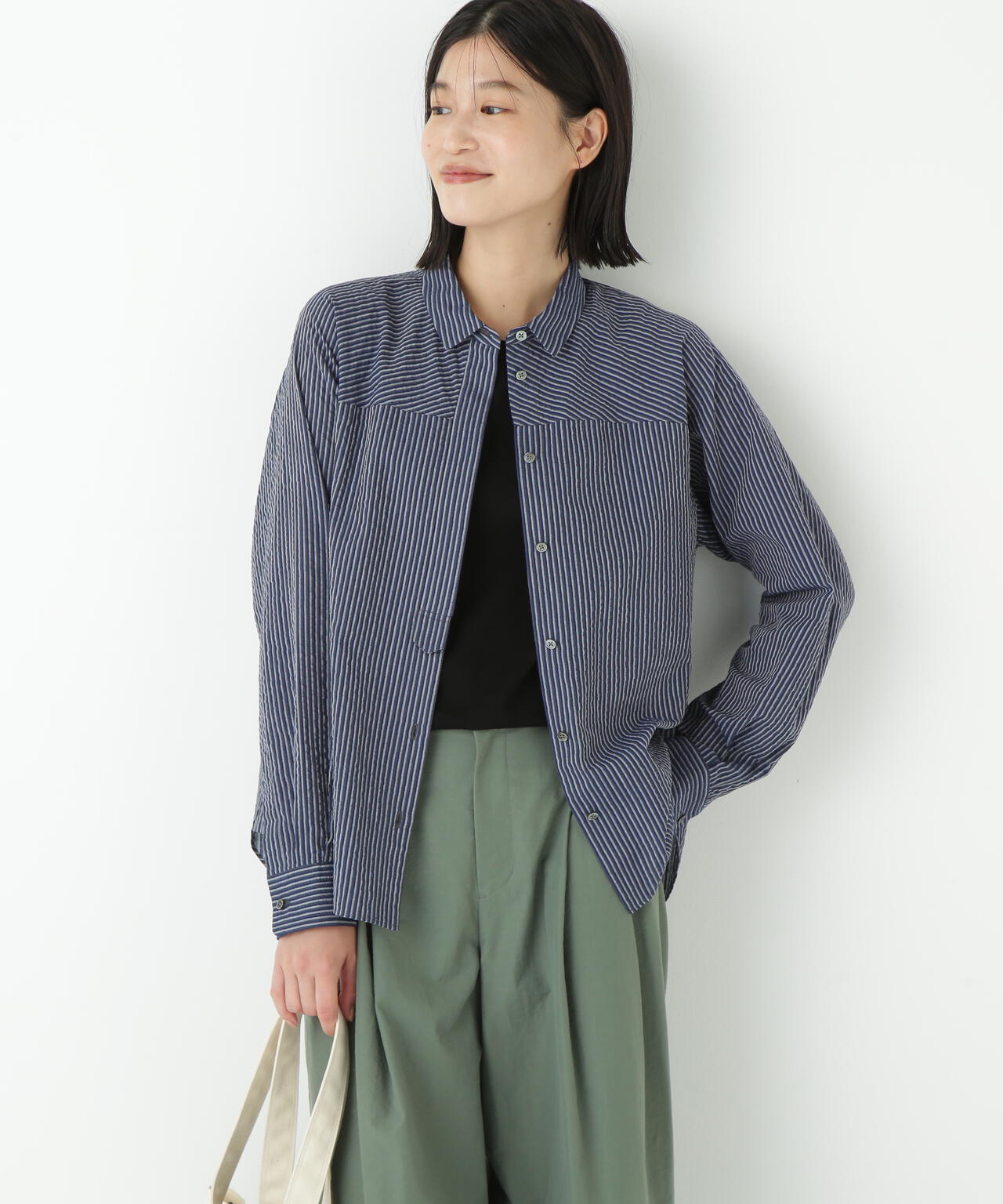 パナマサッカーストライプシャツブラウス