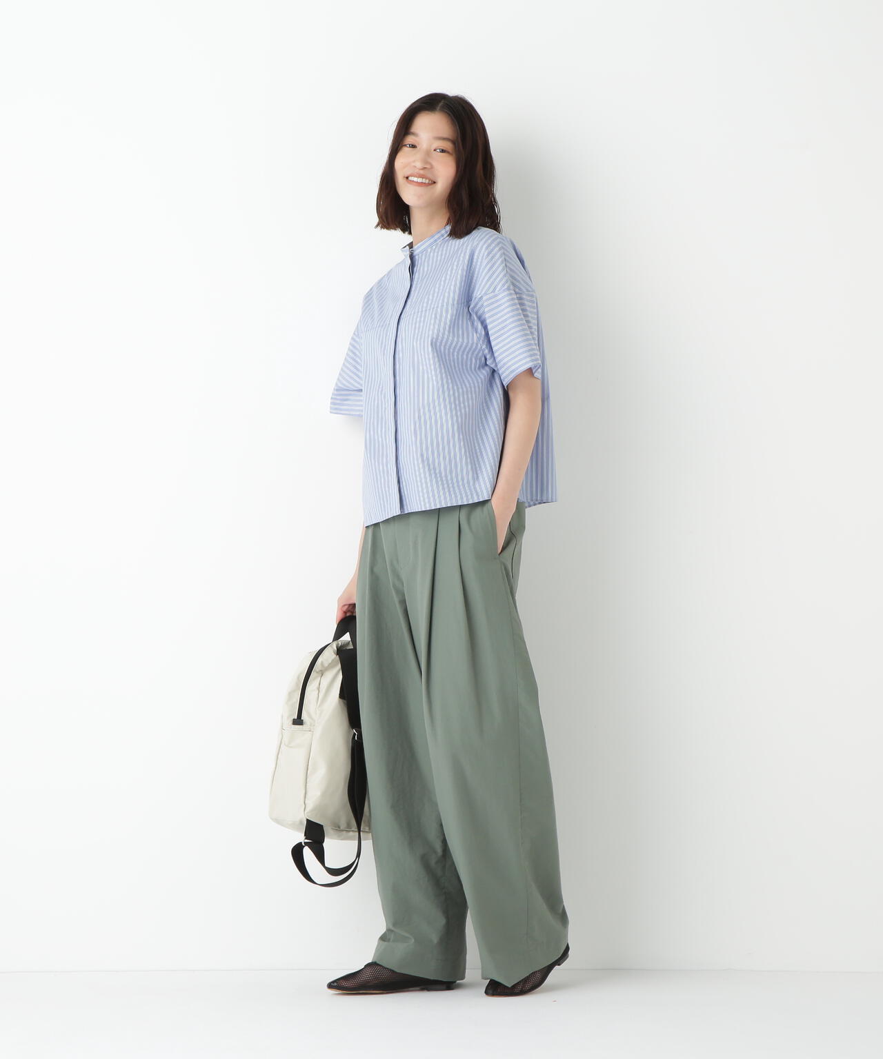 ストライプローン６分袖ブラウス