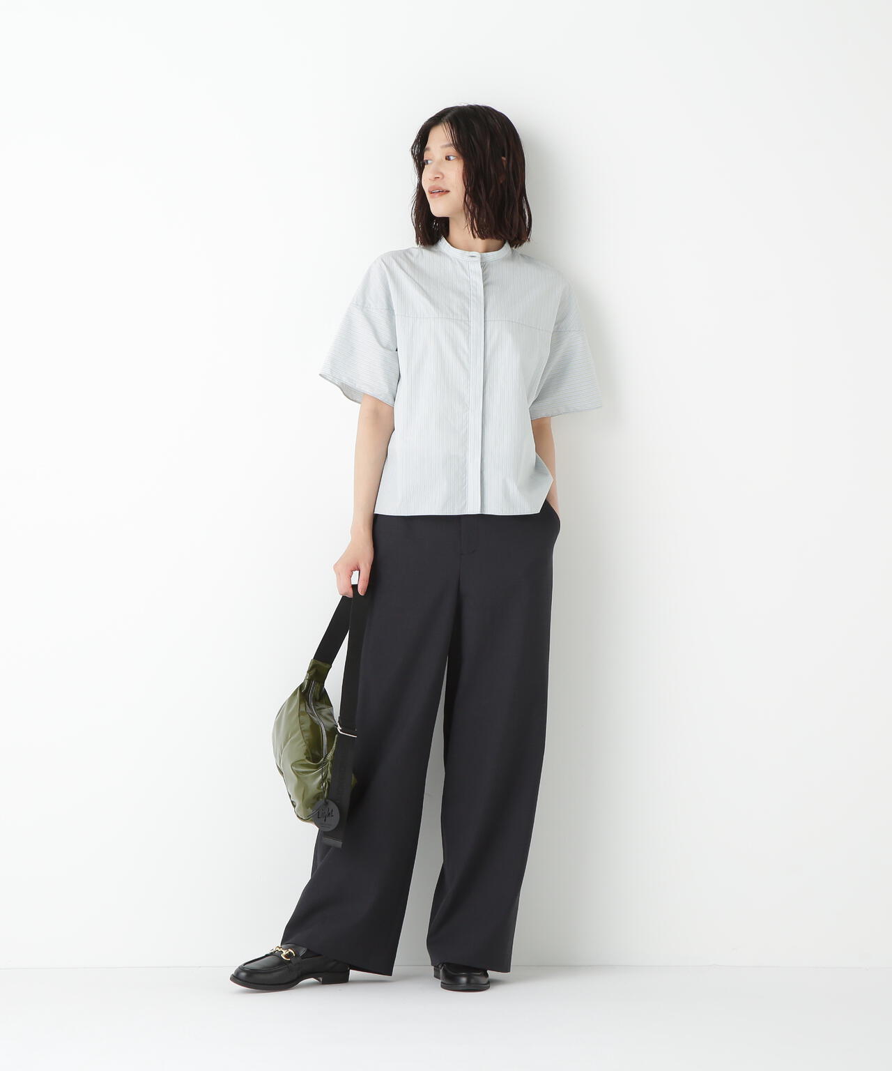 ストライプローン６分袖ブラウス