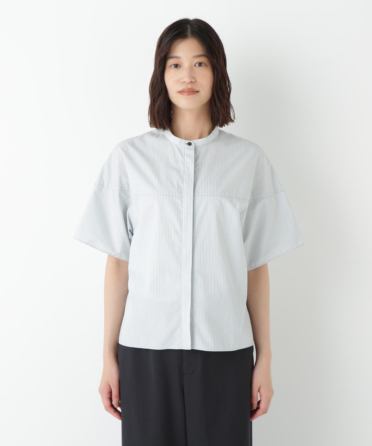 ストライプローン６分袖ブラウス