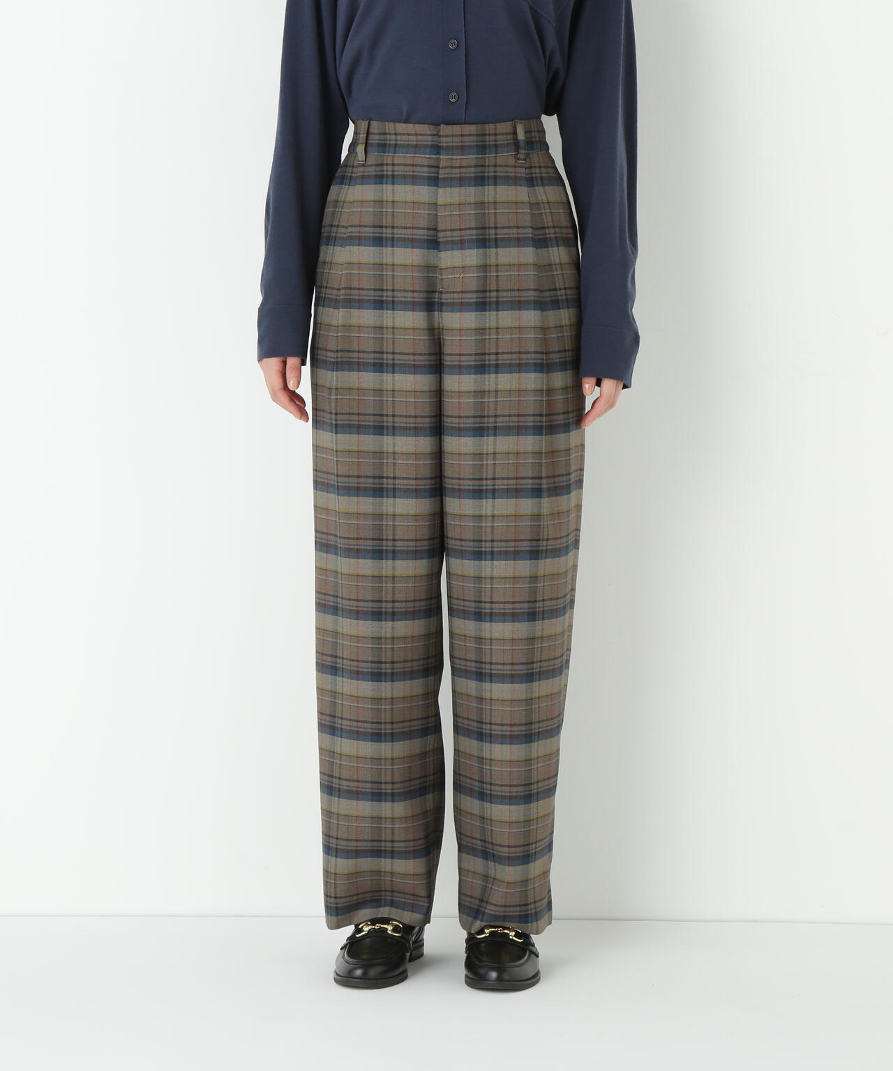 先染めチェックタックセミワイドパンツ