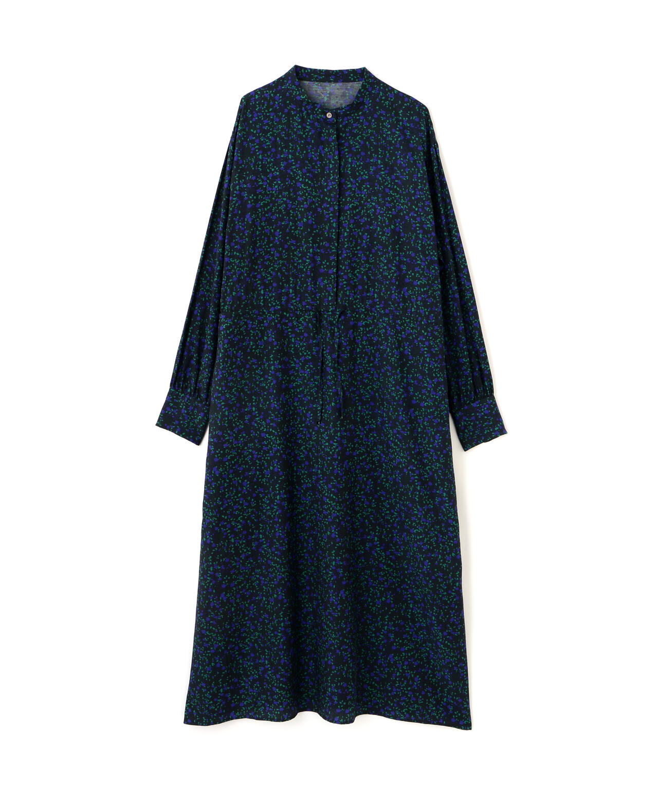 プチフラワープリントブラウジングバンドカラーワンピース