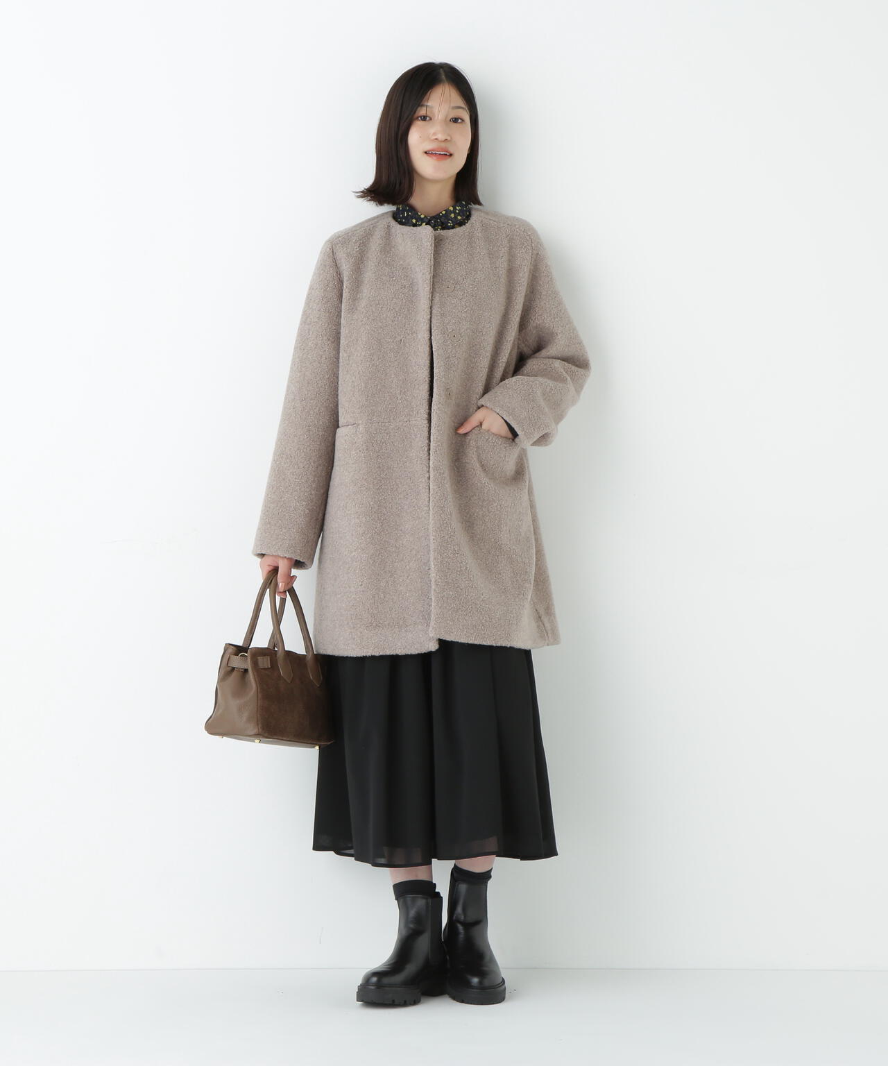 【極美品】オオカミとフクロウ　千鳥柄　コート　ノーカラー　フリーサイズ ボアノーカラーコート | human woman（ヒューマンウーマン） ｜【公式