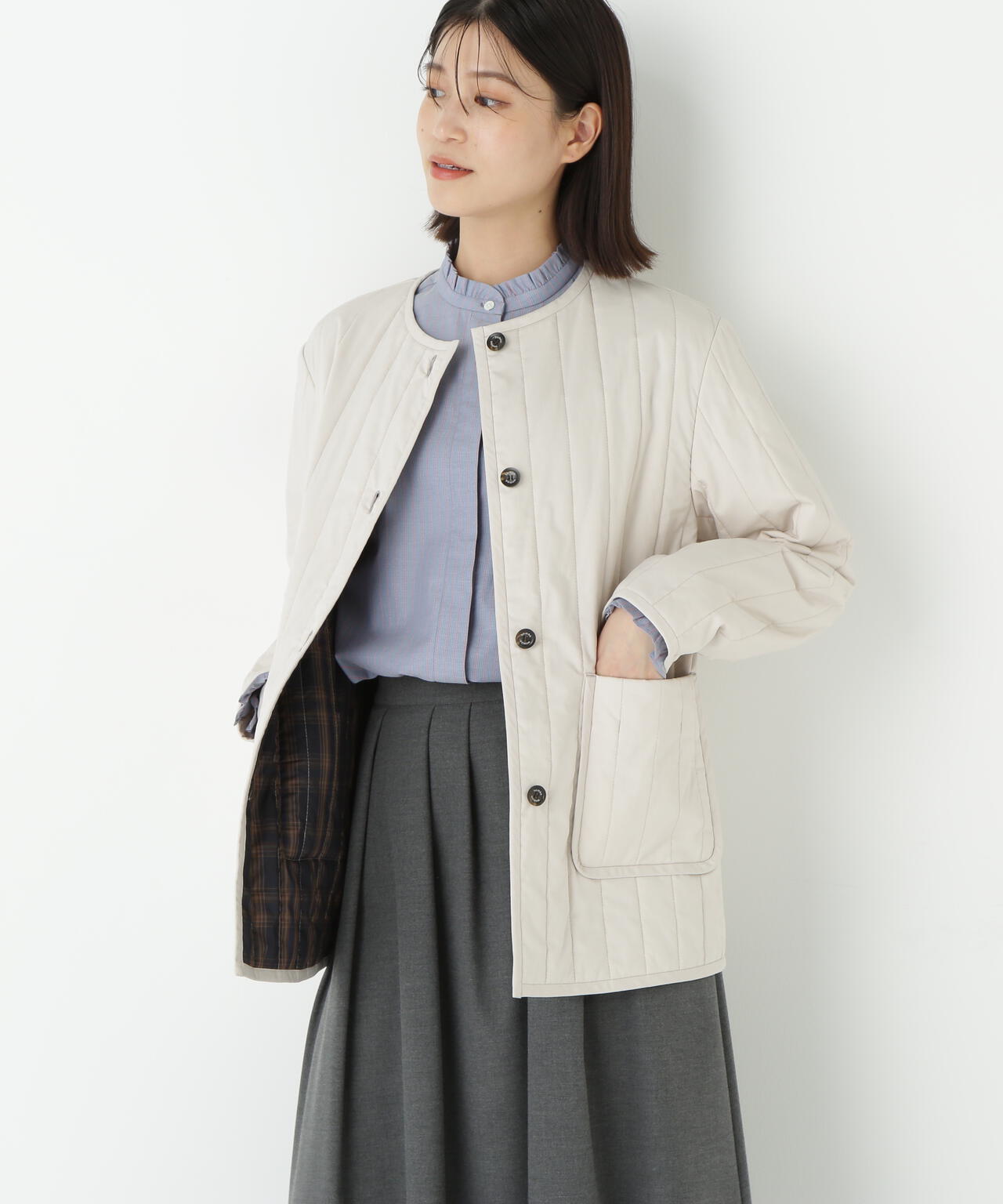 HUMAN WOMAN コットンリネン　ノーカラージャケット　端境期に HUMAN WOMAN コットンリネン ノーカラージャケット 端境期に