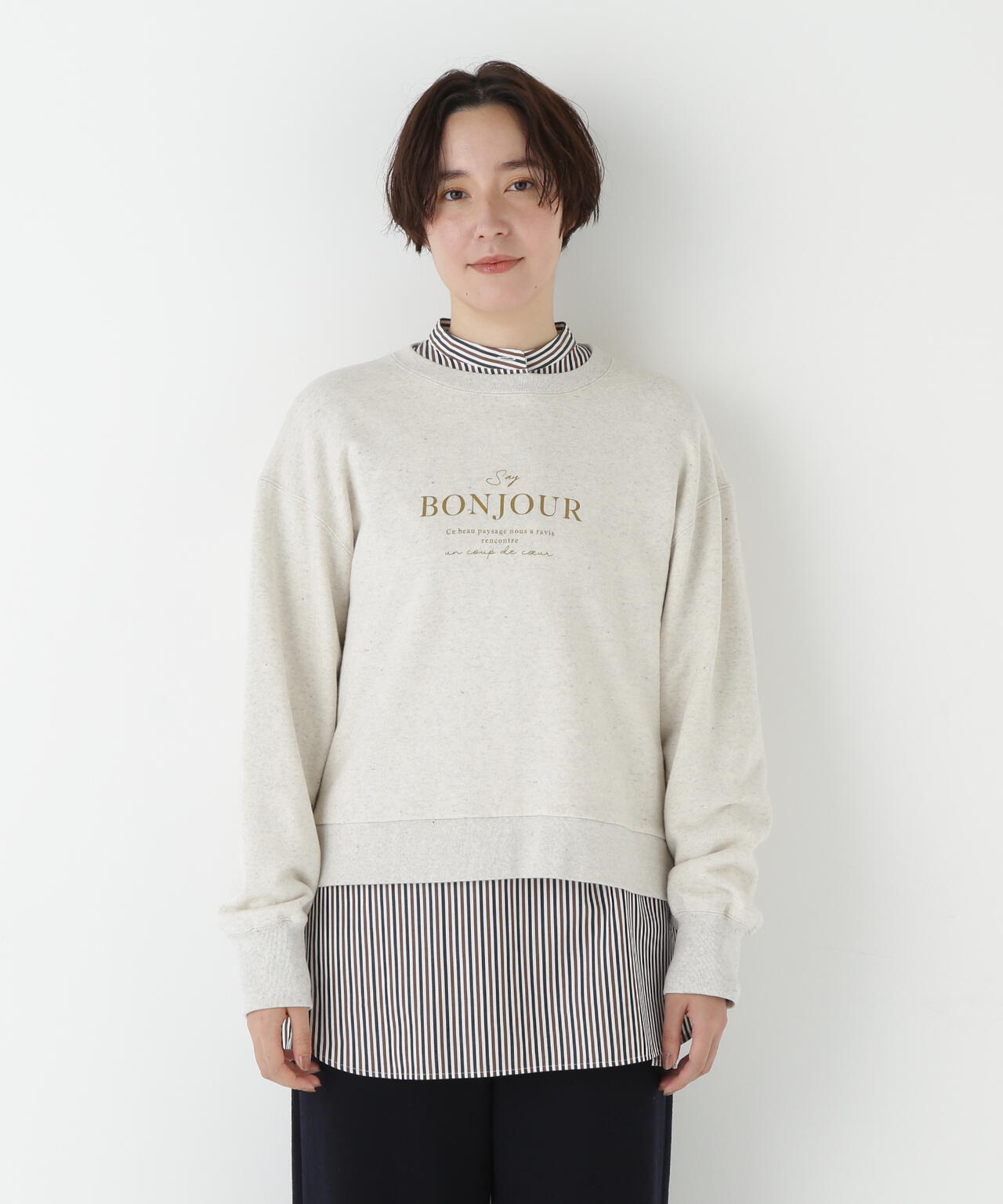 HITOMIN ベージュ トレーナー STANDARD” 30/7 COZUN はめ込み両Vガゼット クルーネック