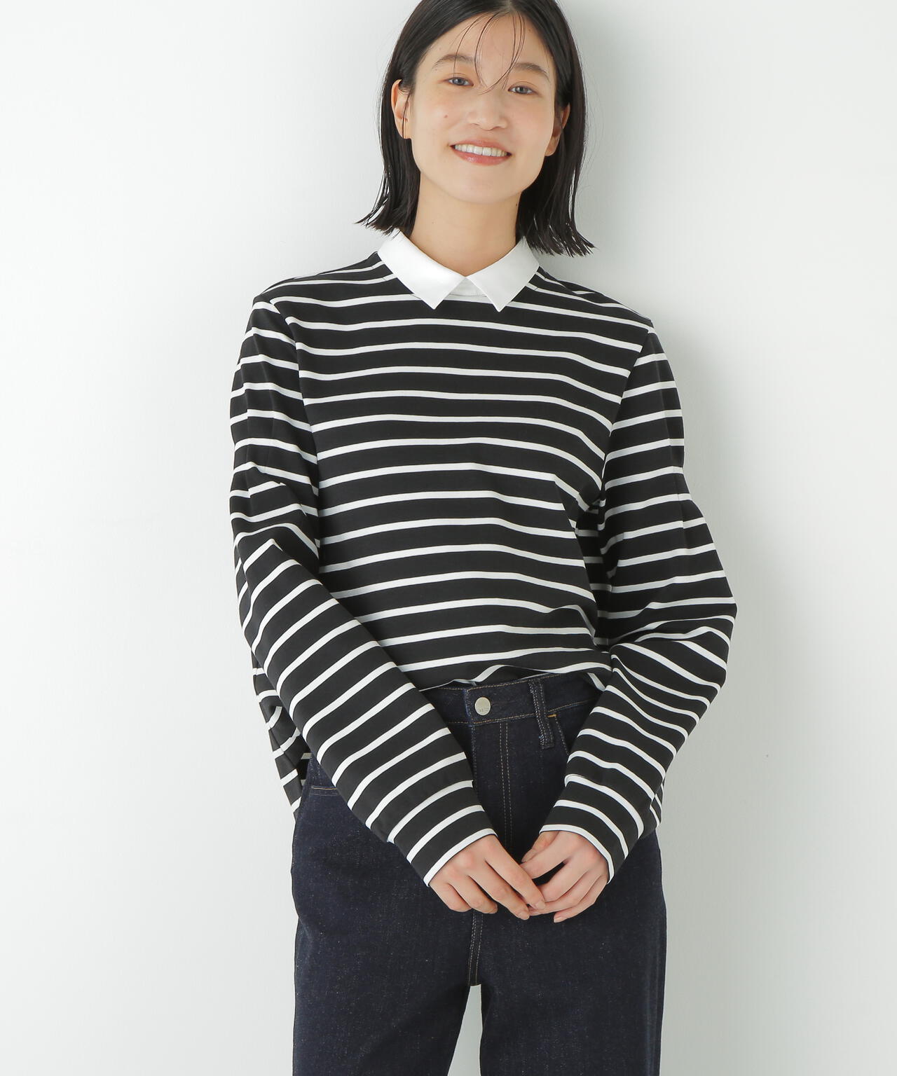 ストレッチポンチシャツカラードッキングプルオーバー