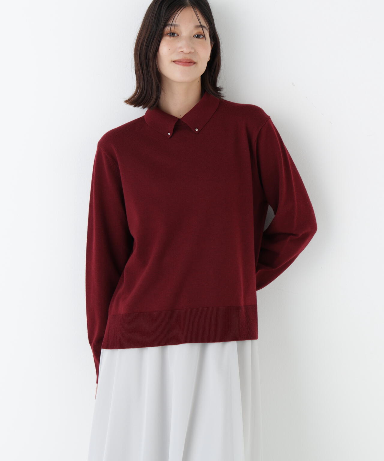 ≪洗える≫ハイゲージプレーティング天竺衿付きニット