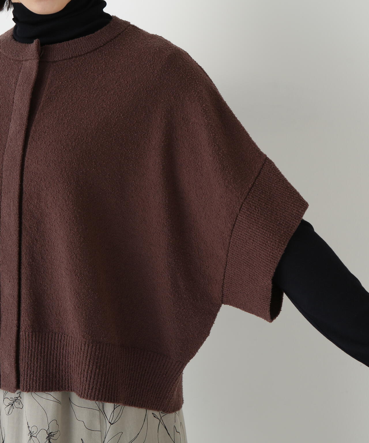 綿ナイロンブークレ半袖カーディガン